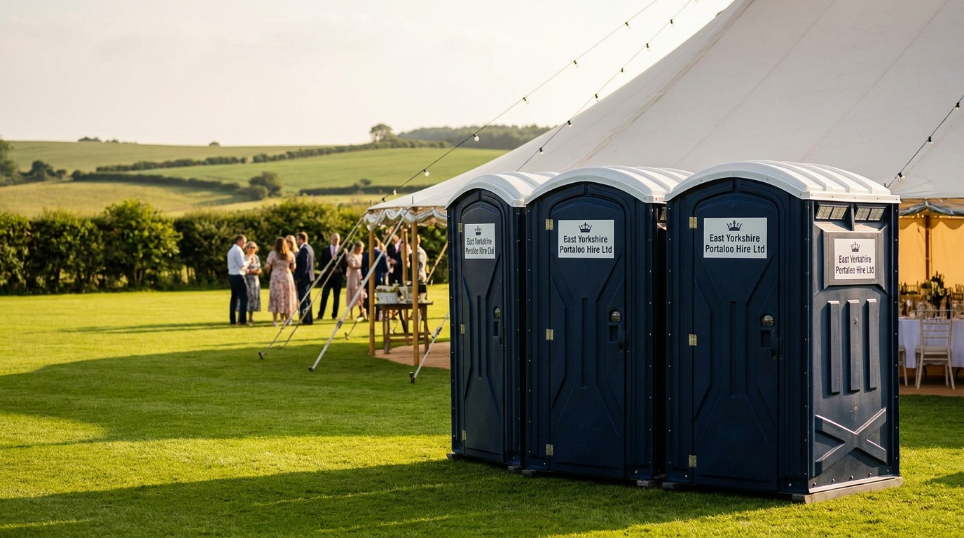 A row of blue portable toilet units on grass beside a fence at an outdoor site