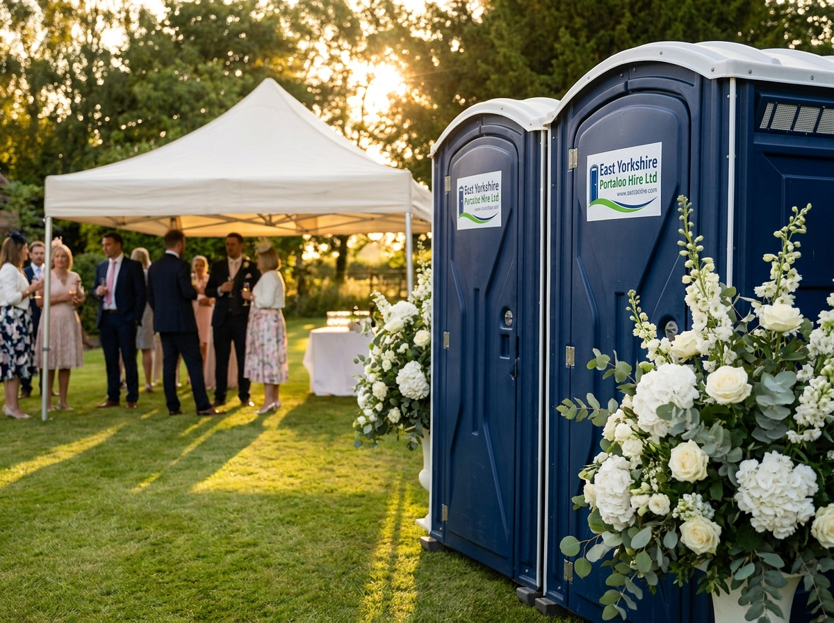 Two portable toilet units standing on a paved area beside a garden hedge