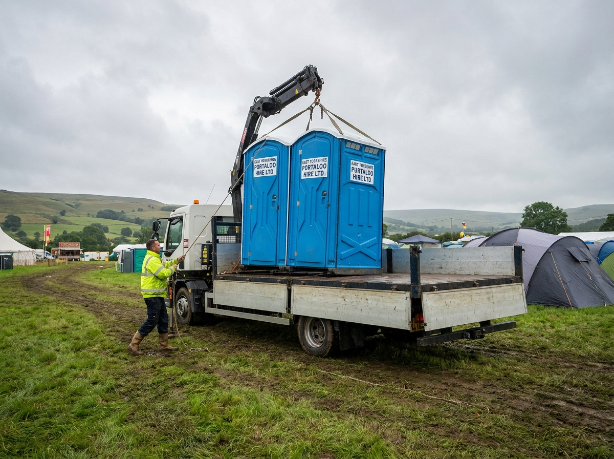 A single portable toilet unit set on a hard path at the edge of a lawn
