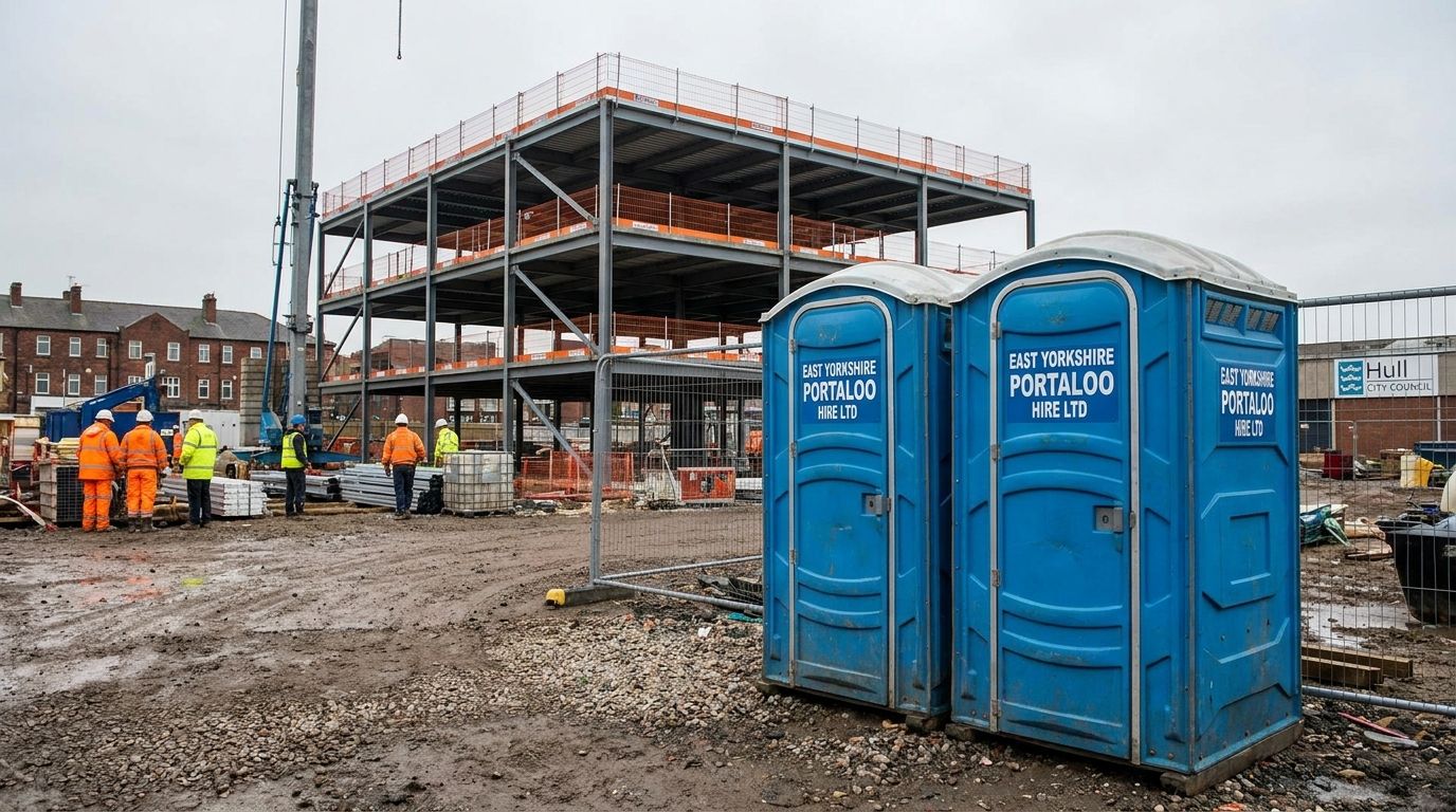 A single portable toilet unit set on a hard path at the edge of a lawn