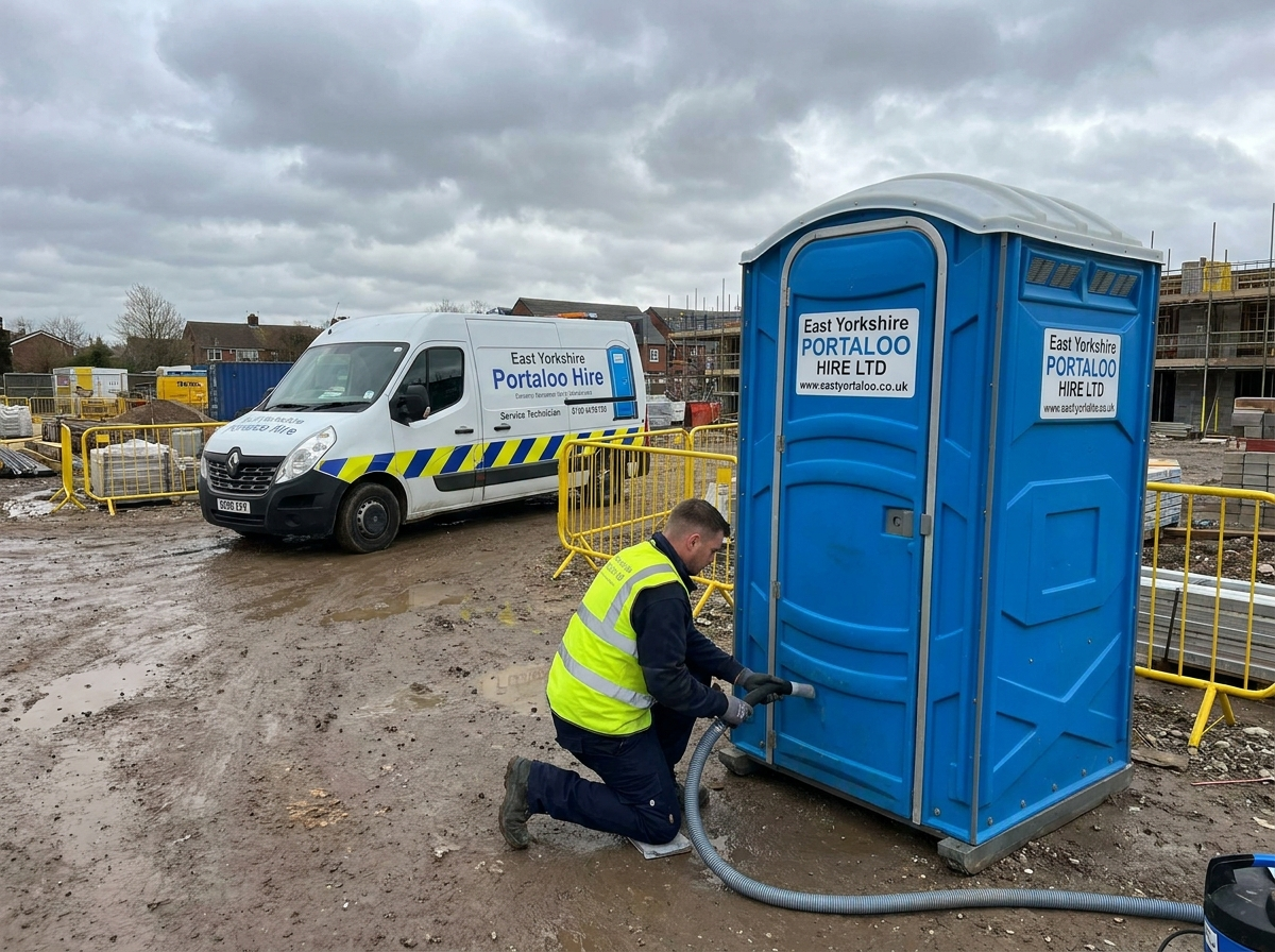A row of blue portable toilet units on grass beside a fence at an outdoor site