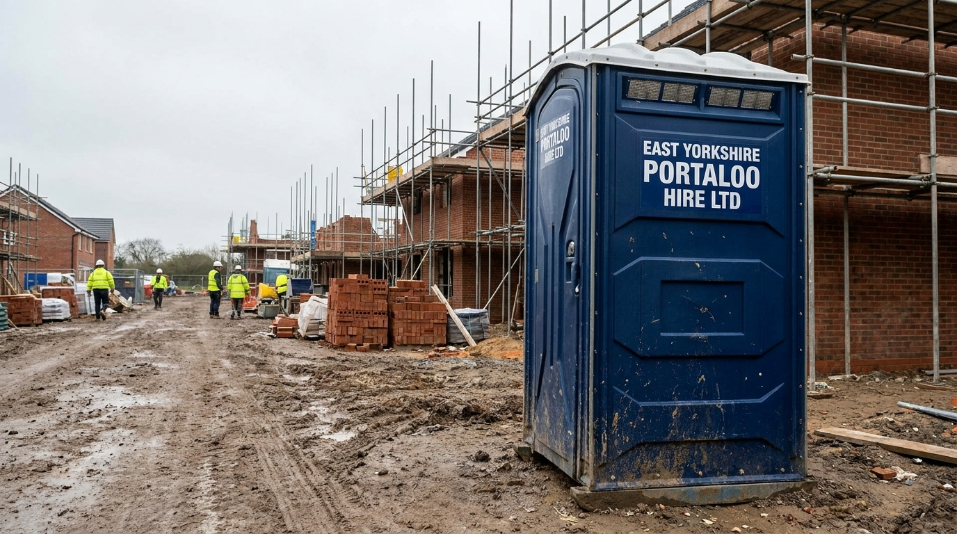 Portable toilet units lined up in a yard, with a unit loaded on a trailer
