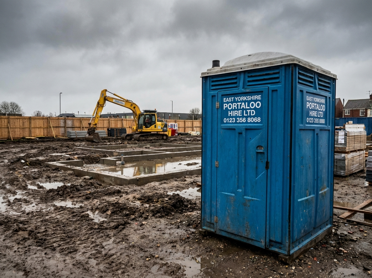 Portable toilet units lined up in a yard, with a unit loaded on a trailer