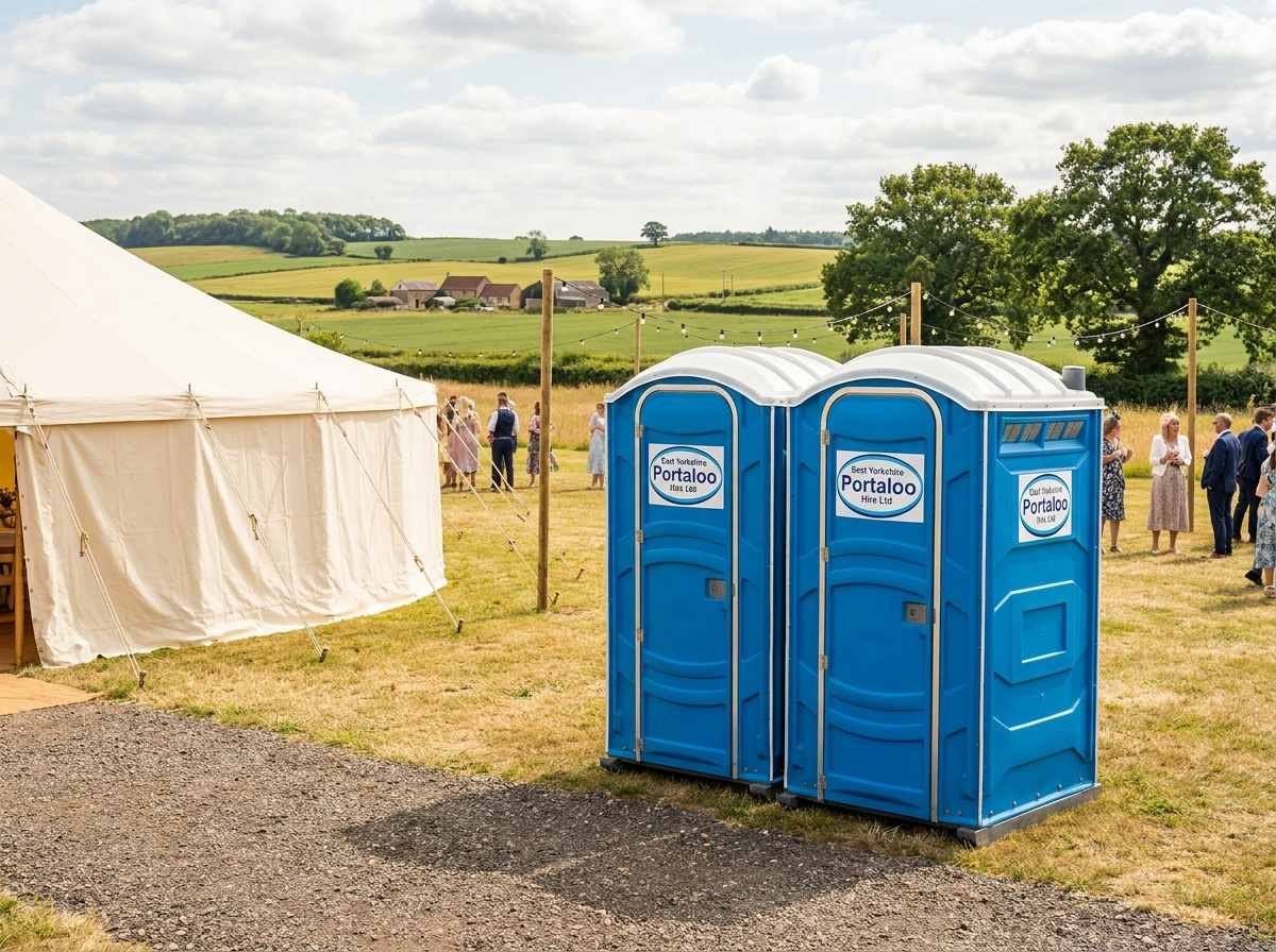 Two portable toilet units standing on a paved area beside a garden hedge