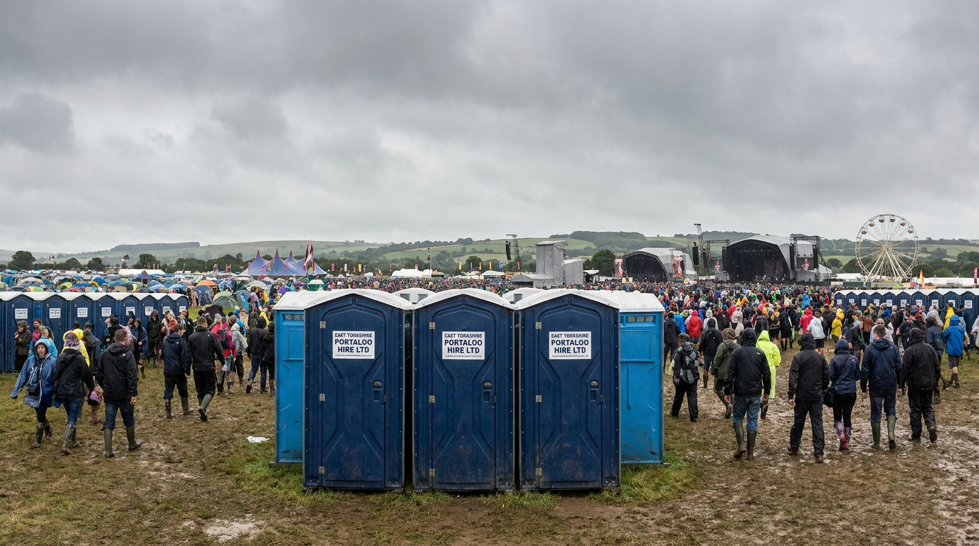 Two portable toilet units standing on a paved area beside a garden hedge