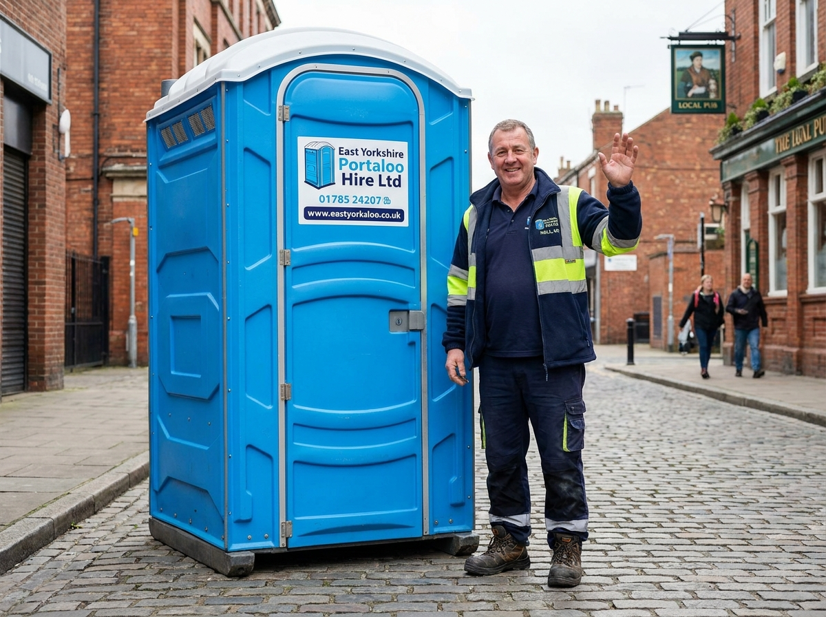 Portable toilet units lined up in a yard, with a unit loaded on a trailer