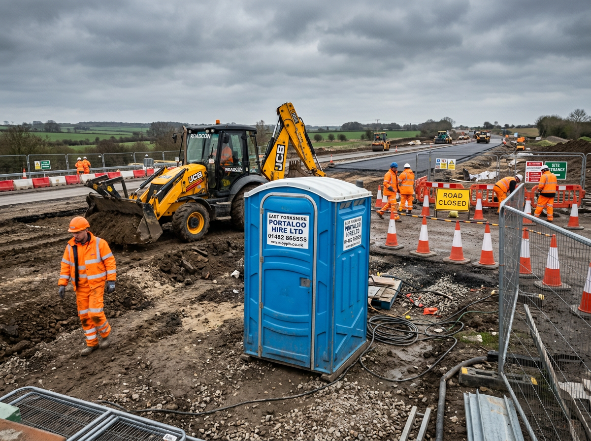 Portable toilet units lined up in a yard, with a unit loaded on a trailer