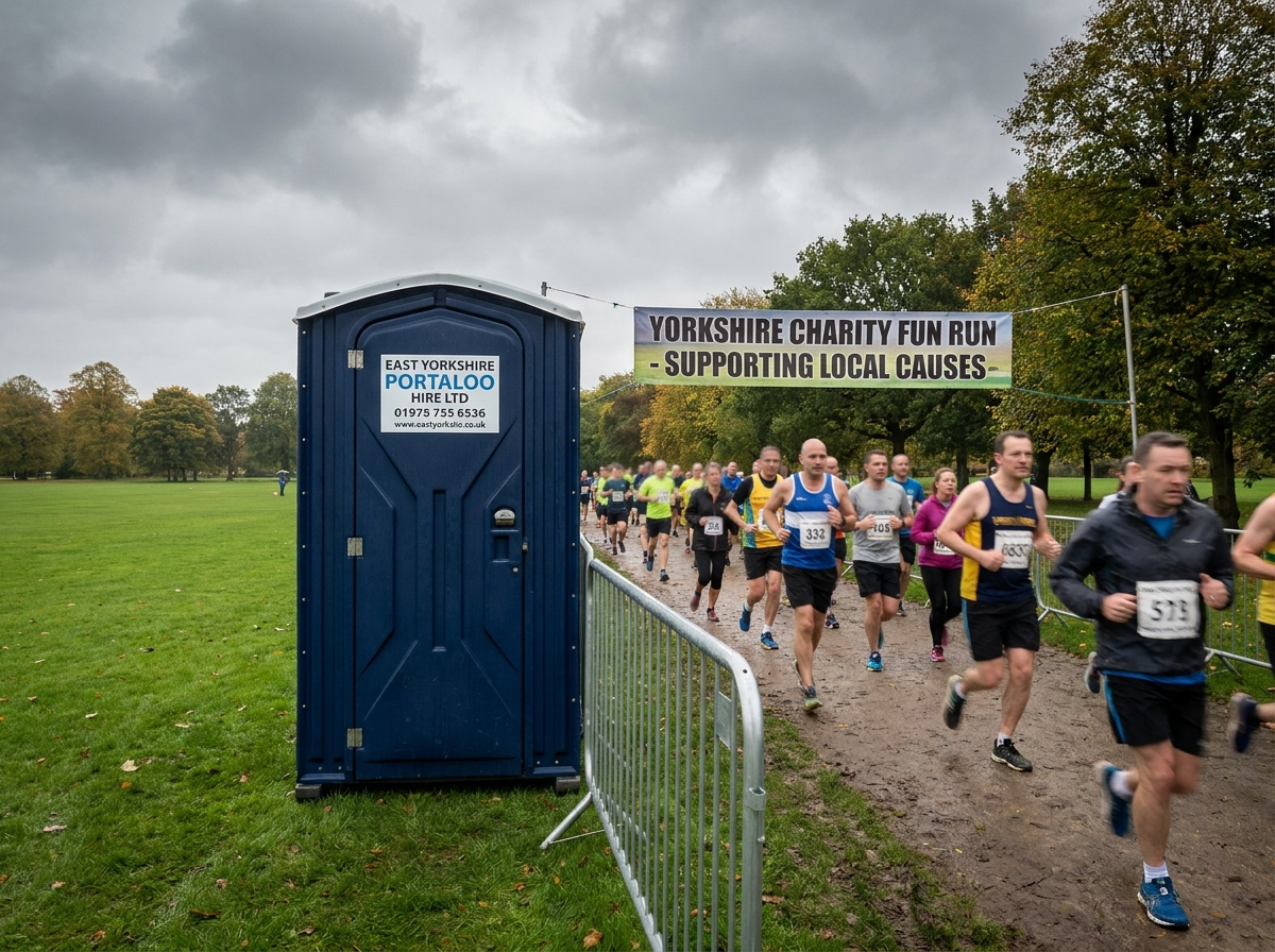 A single portable toilet unit set on a hard path at the edge of a lawn