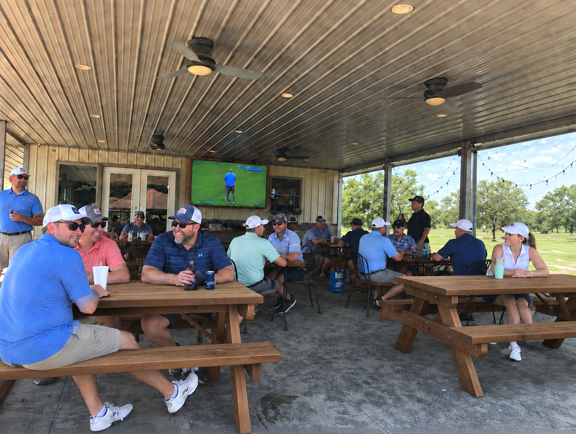 Golfers relaxing on the covered patio at Twin Oaks