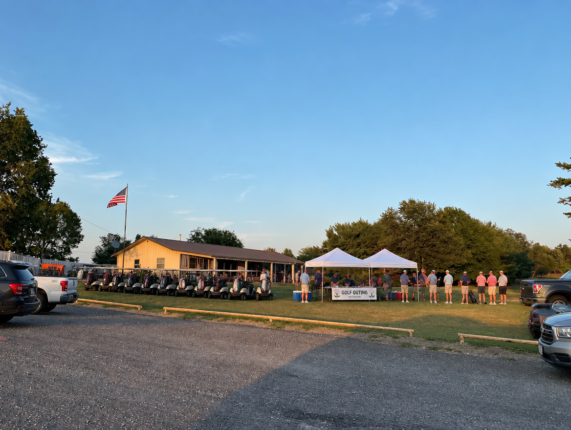 Golfers gathering by the Twin Oaks clubhouse before a group outing