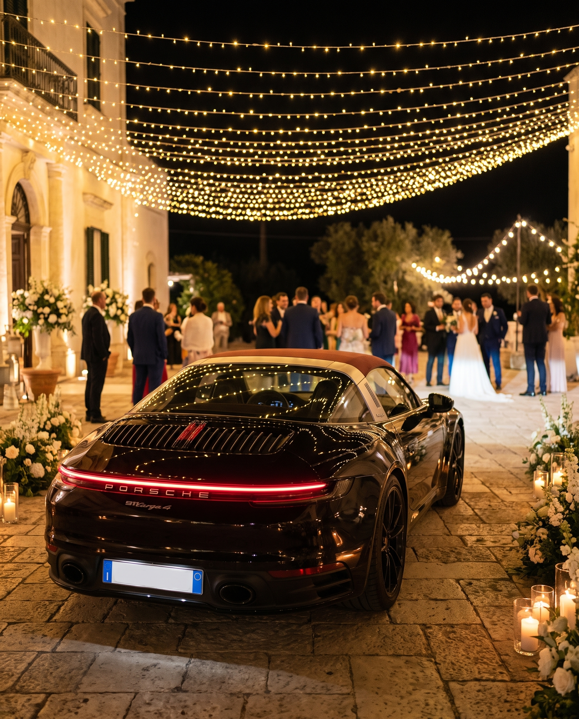 Porsche 911 Targa 4 illuminata di notte dopo il ricevimento