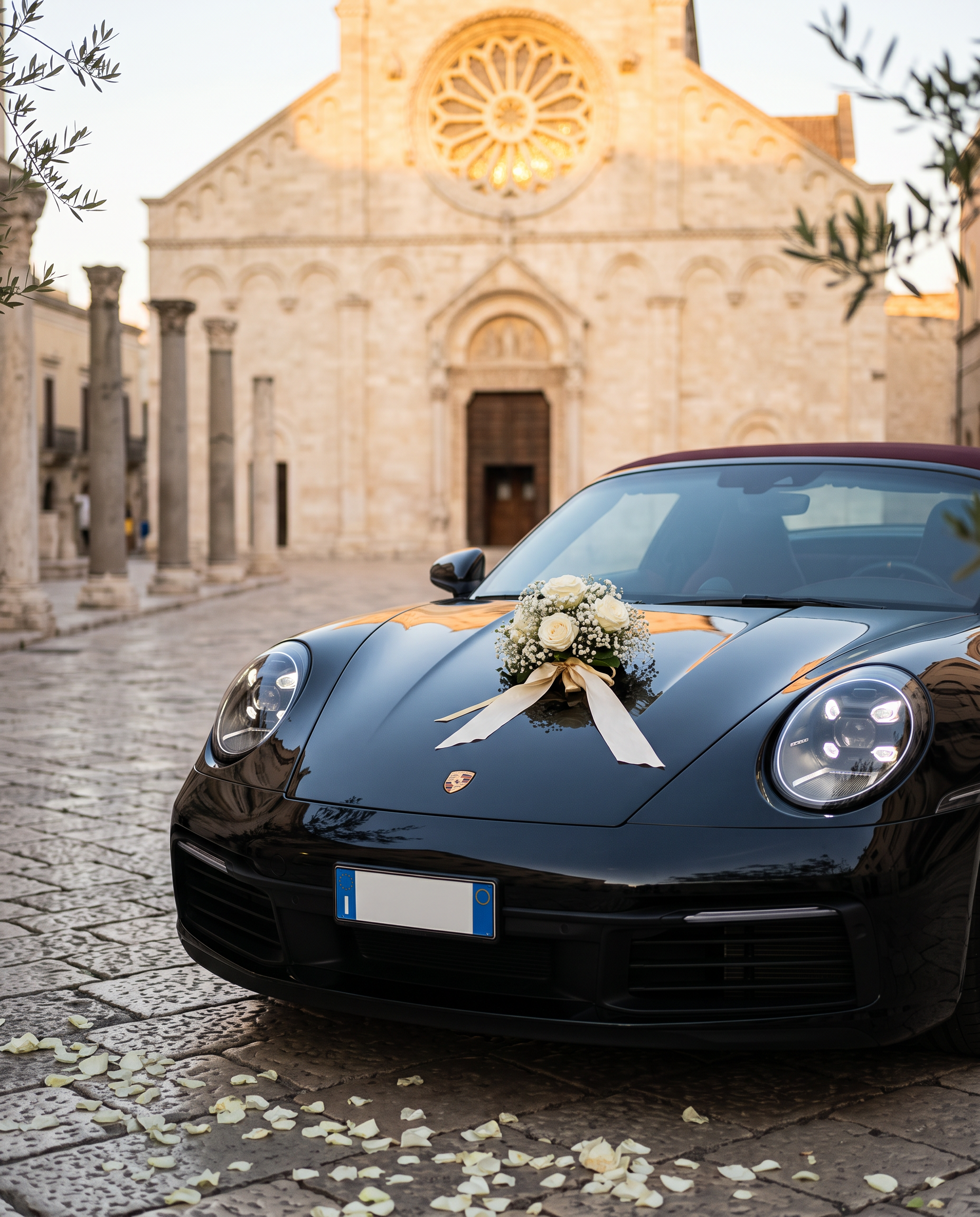 Porsche 911 Targa 4 davanti alla cattedrale per l'arrivo degli sposi