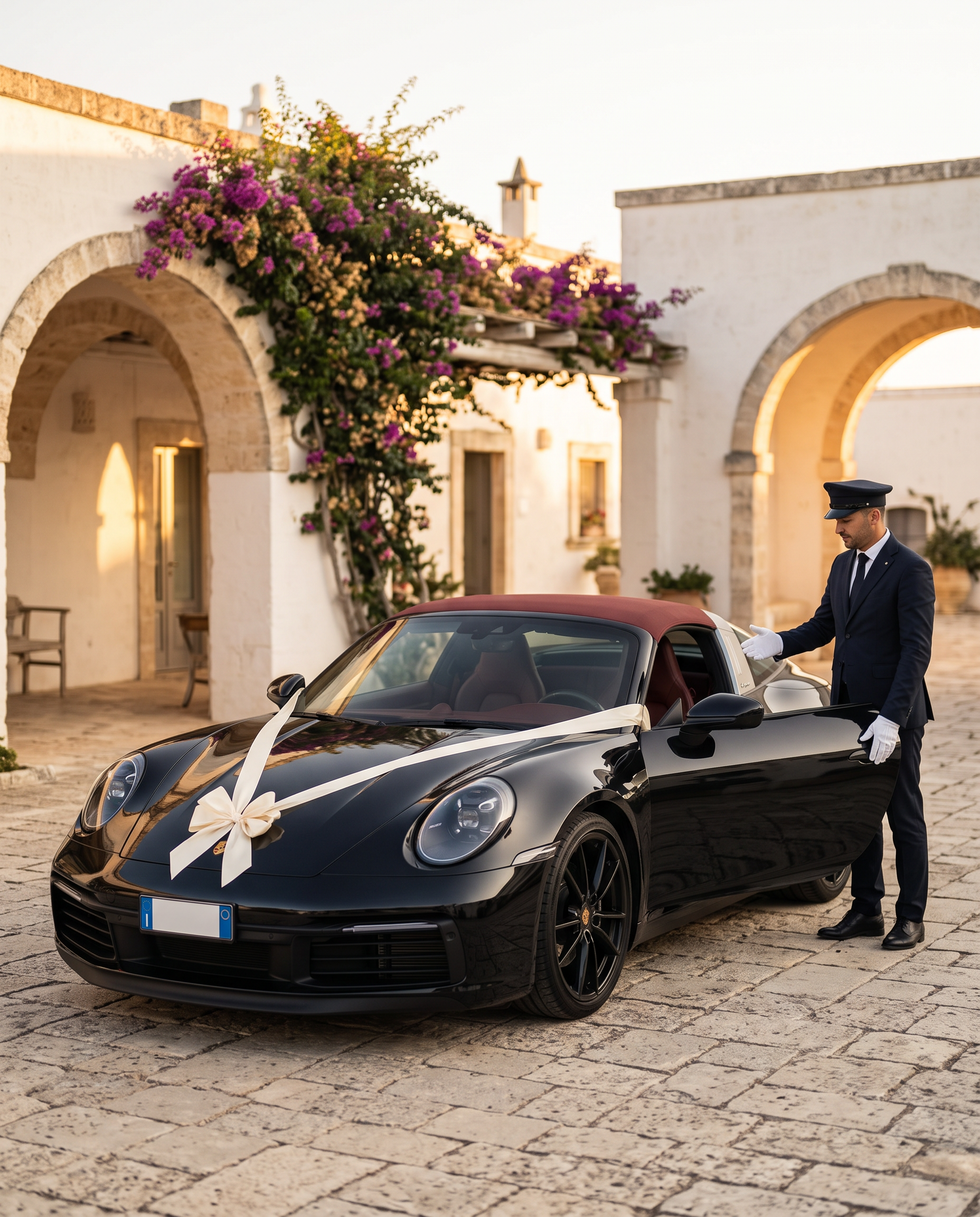 Porsche 911 Targa 4 nera davanti a una masseria in Puglia