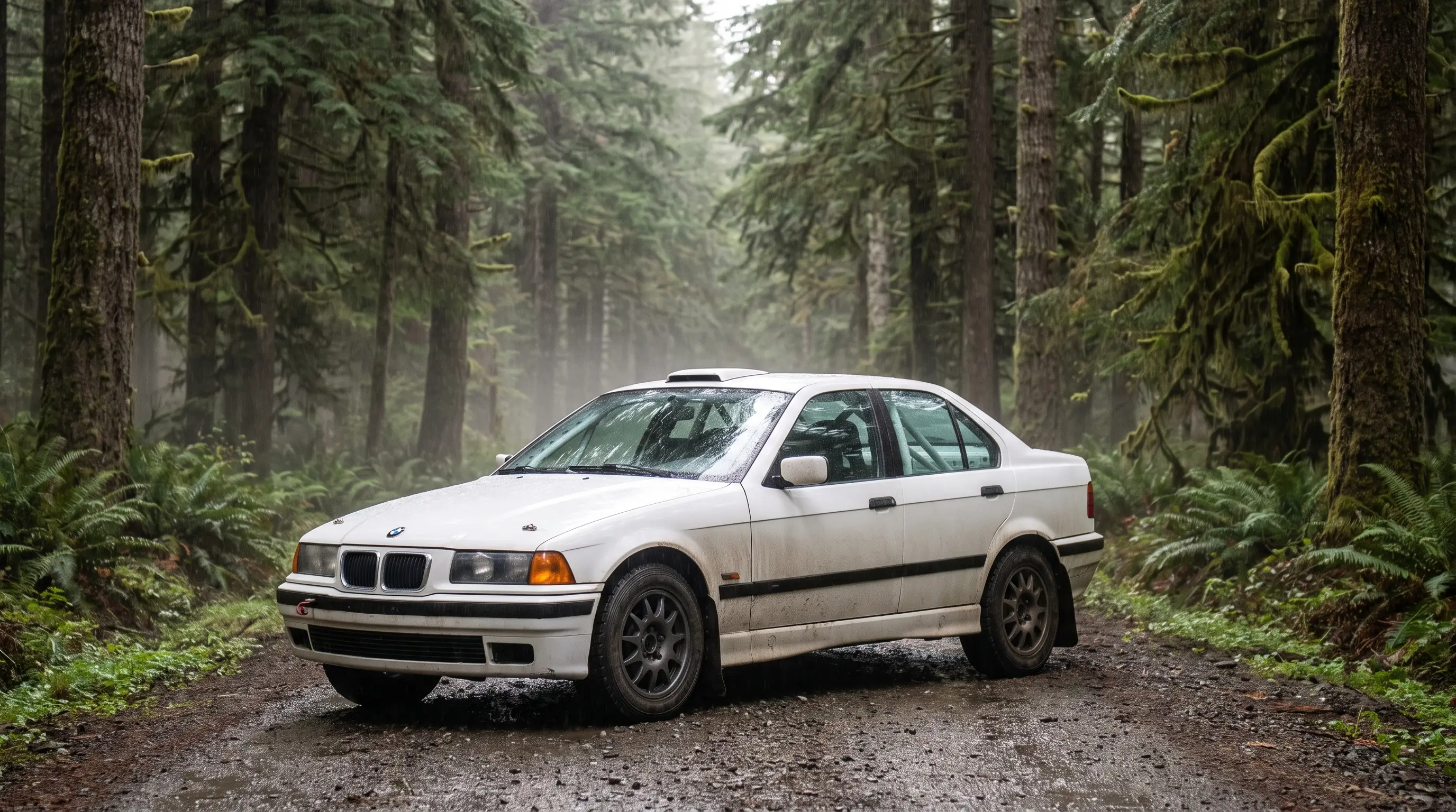 A white 1994 E36 sedan built for rally, parked on a wet gravel forest road in the Olympic Peninsula. Render of the finished build.