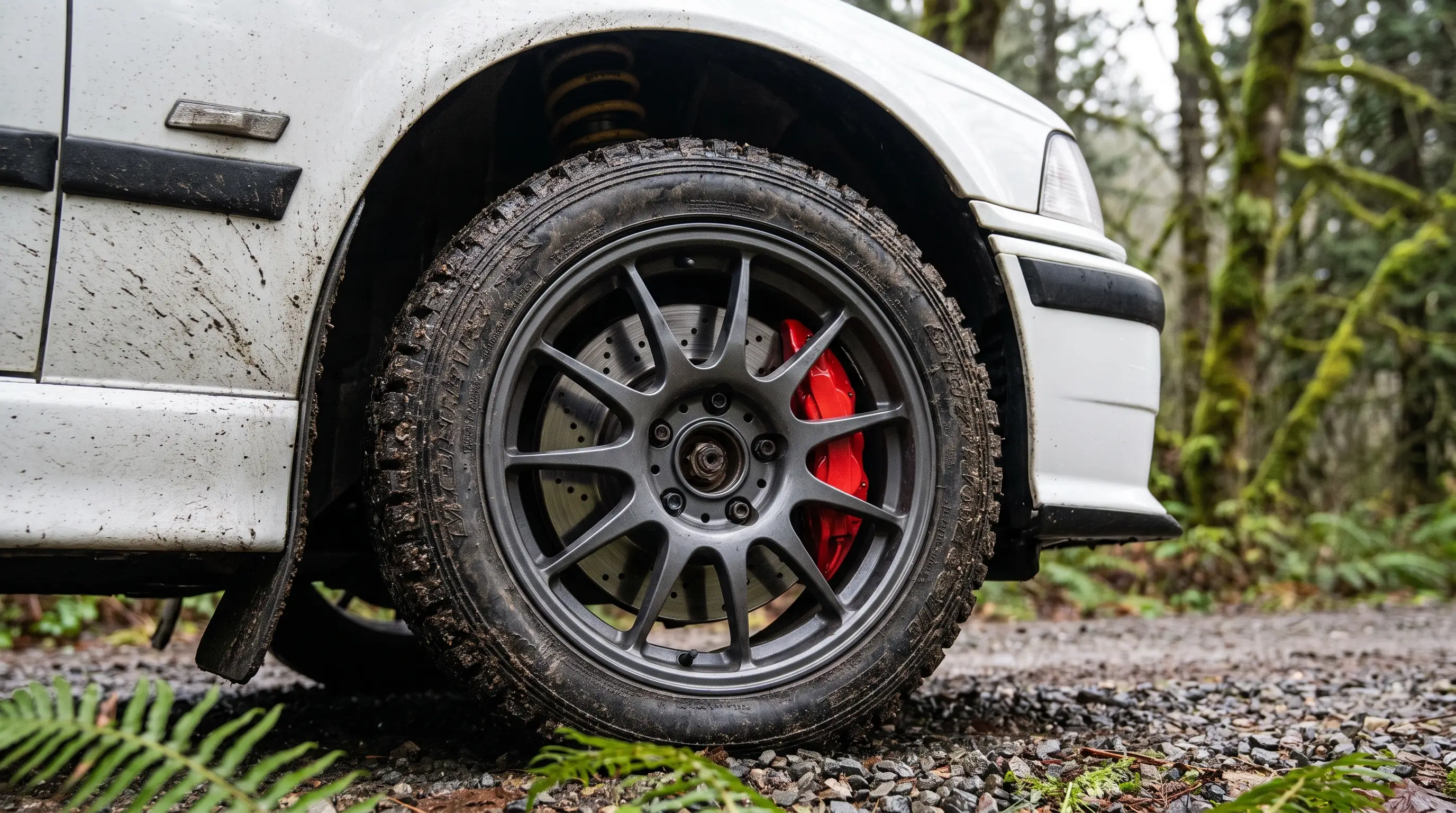 Front wheel and brake package of the E36: gravel tire, drilled rotor, red caliper.