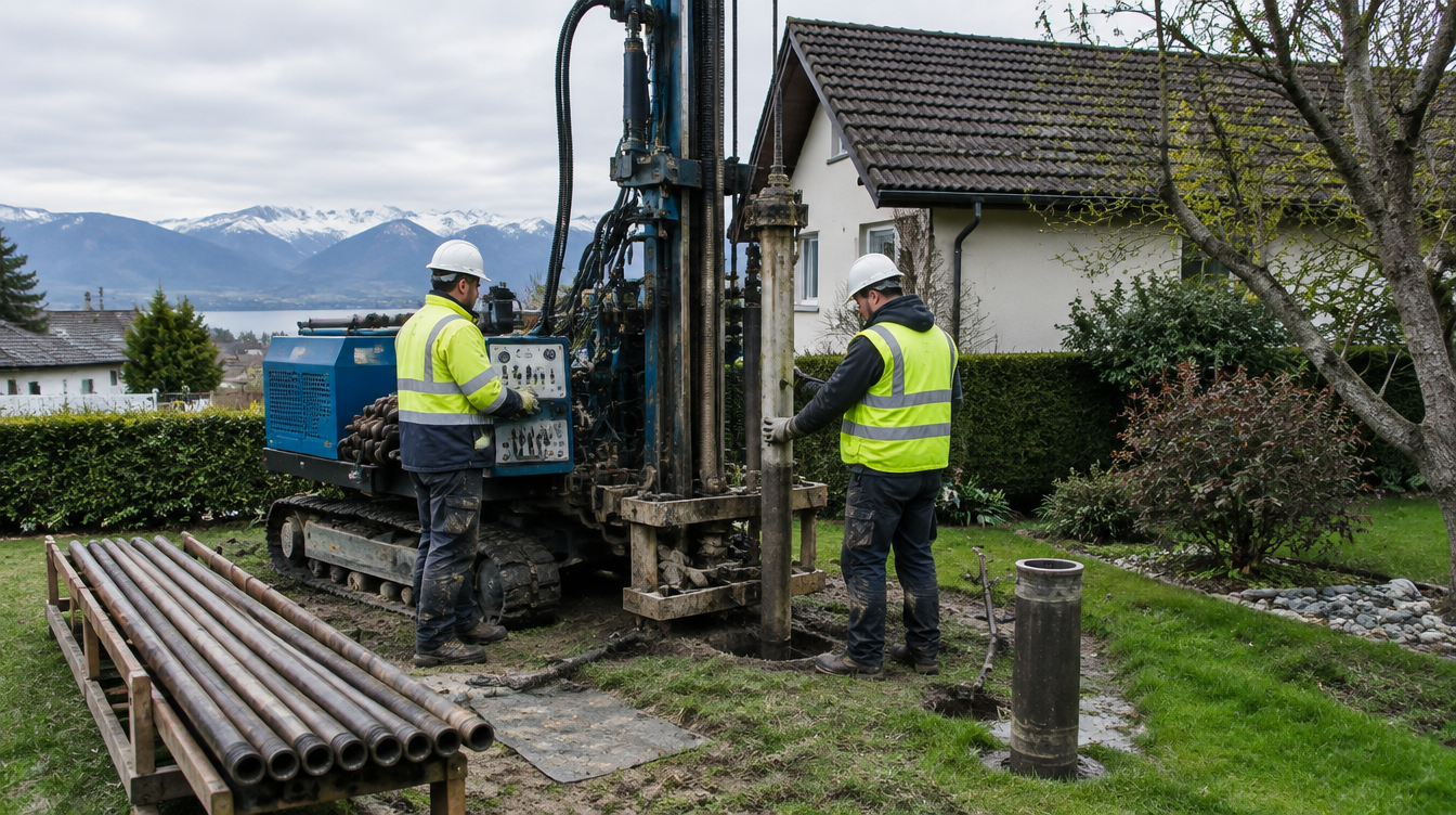 Machine de forage réalisant une sonde géothermique verticale dans un jardin, dans un bien ancien dans le canton de Vaud
