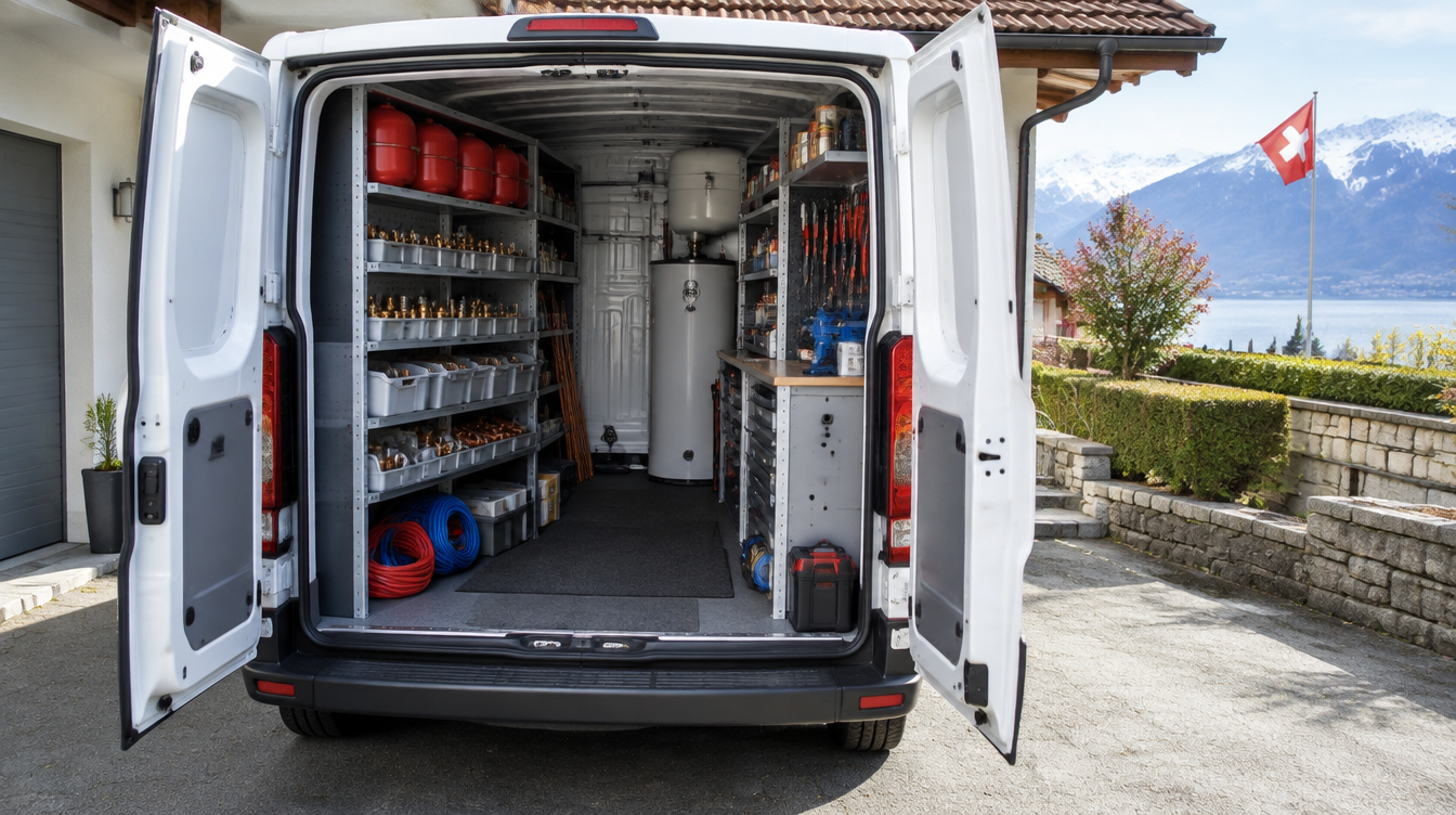 Véhicule d'intervention d'un installateur de chauffage et son aménagement intérieur, dans une maison mitoyenne