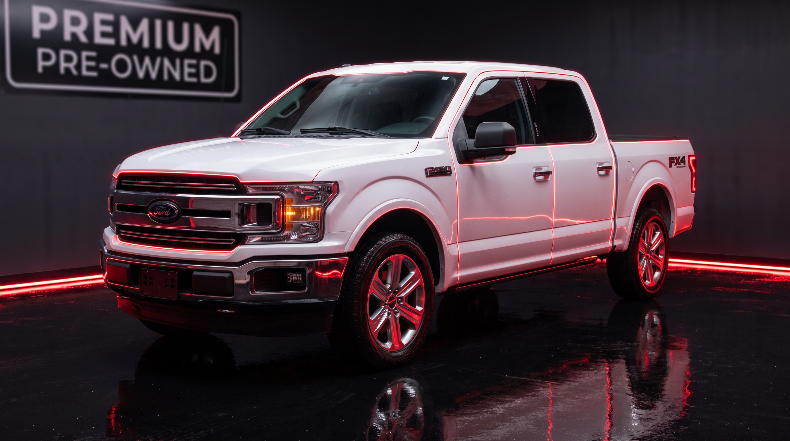 White pickup truck under red studio lighting