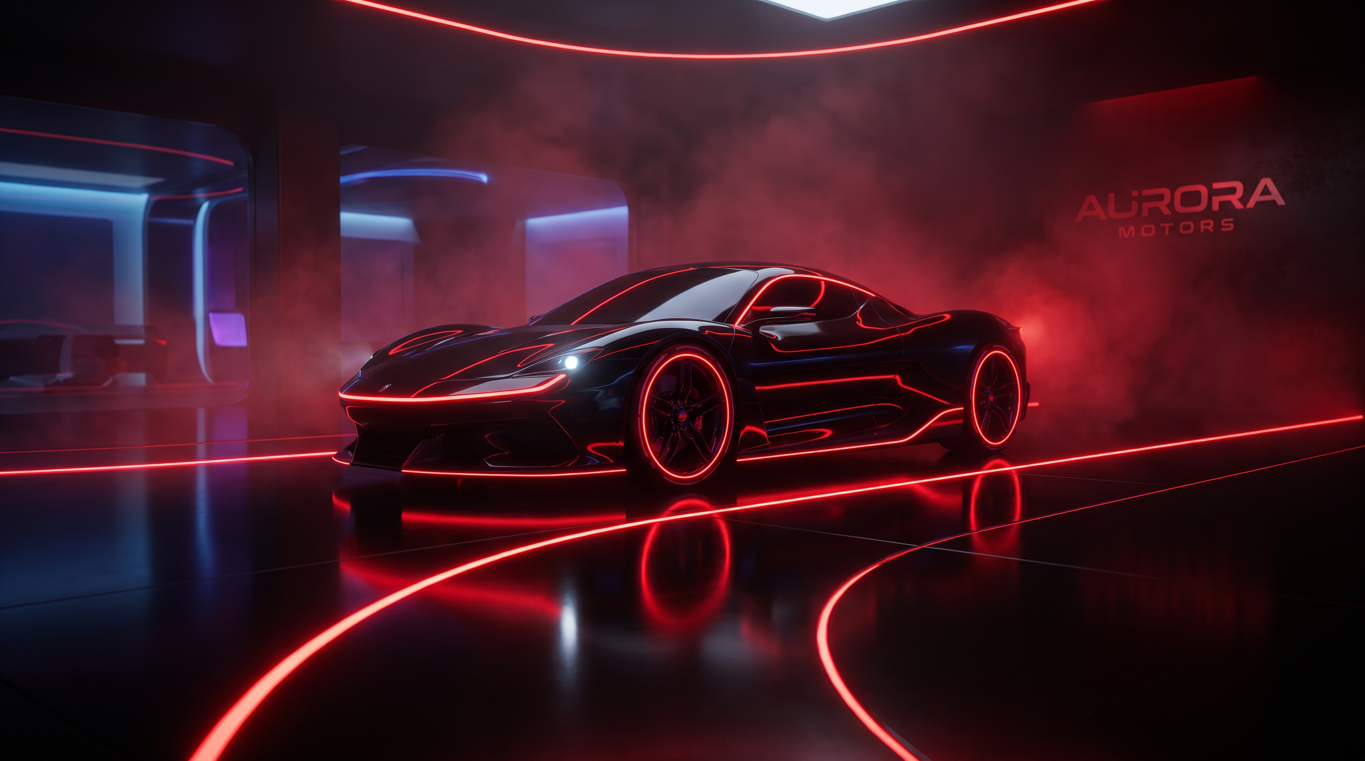 Black sports car in a dark showroom lit by red neon