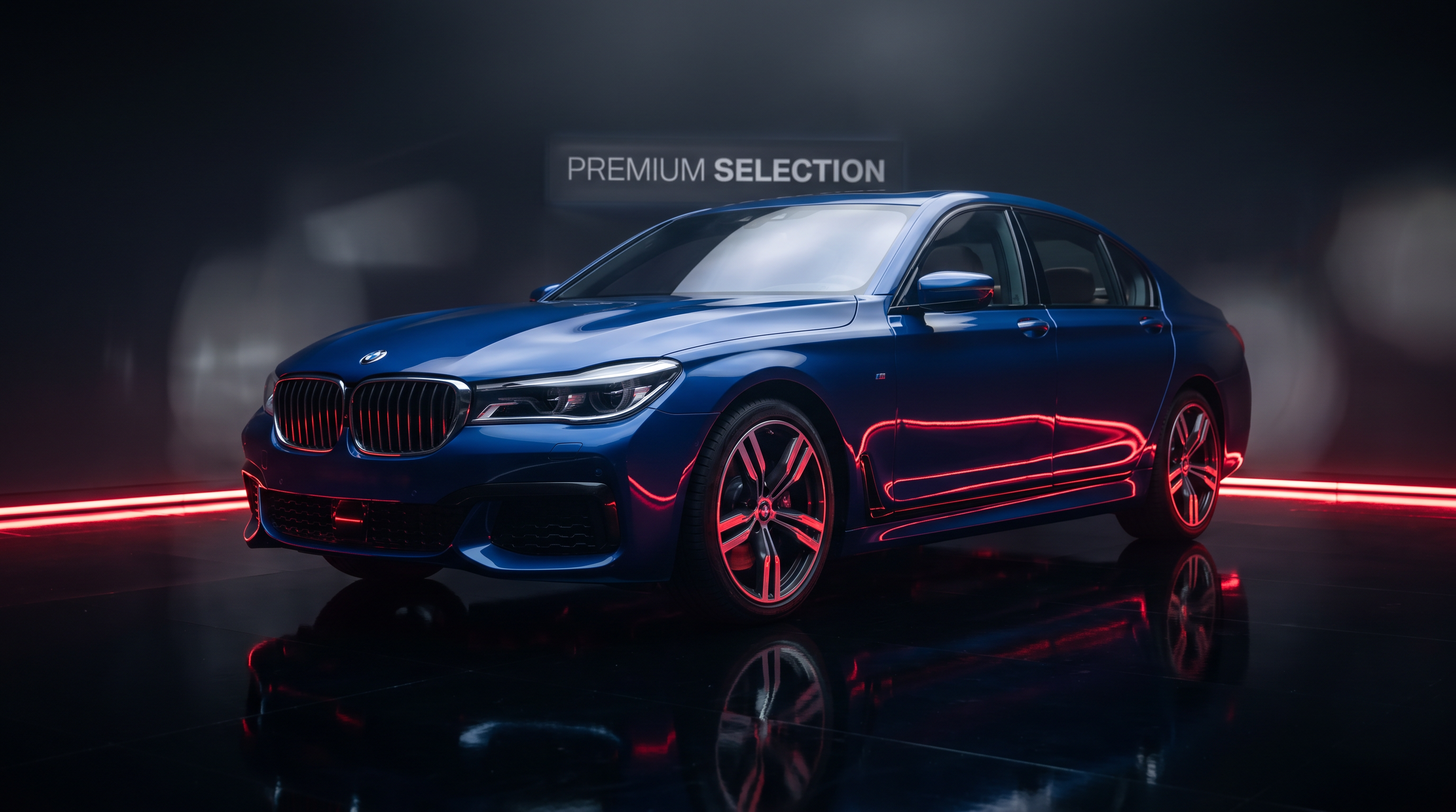 Blue sedan under red studio lighting
