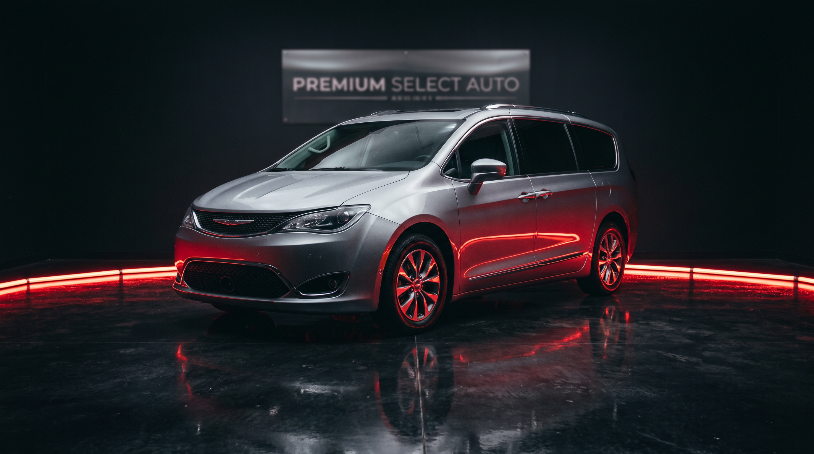 Silver minivan under red studio lighting