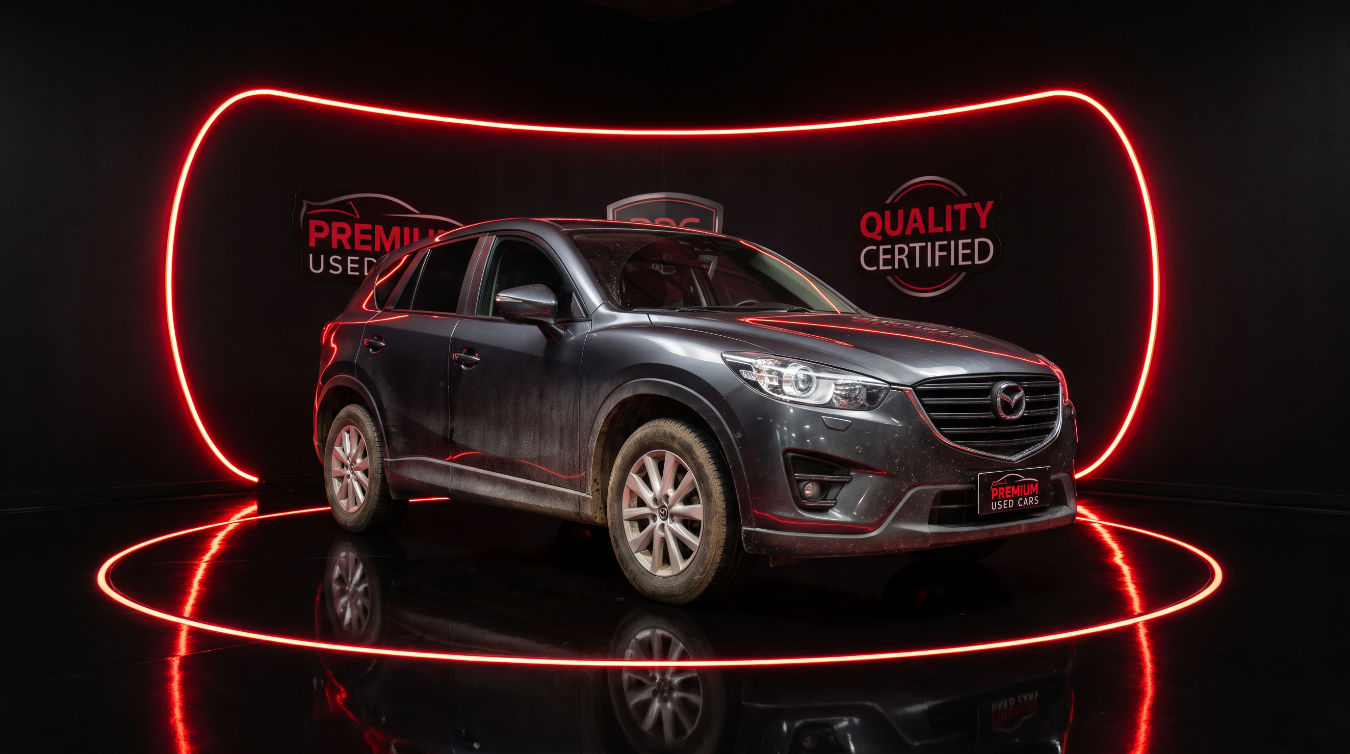 Gray compact SUV under red studio lighting