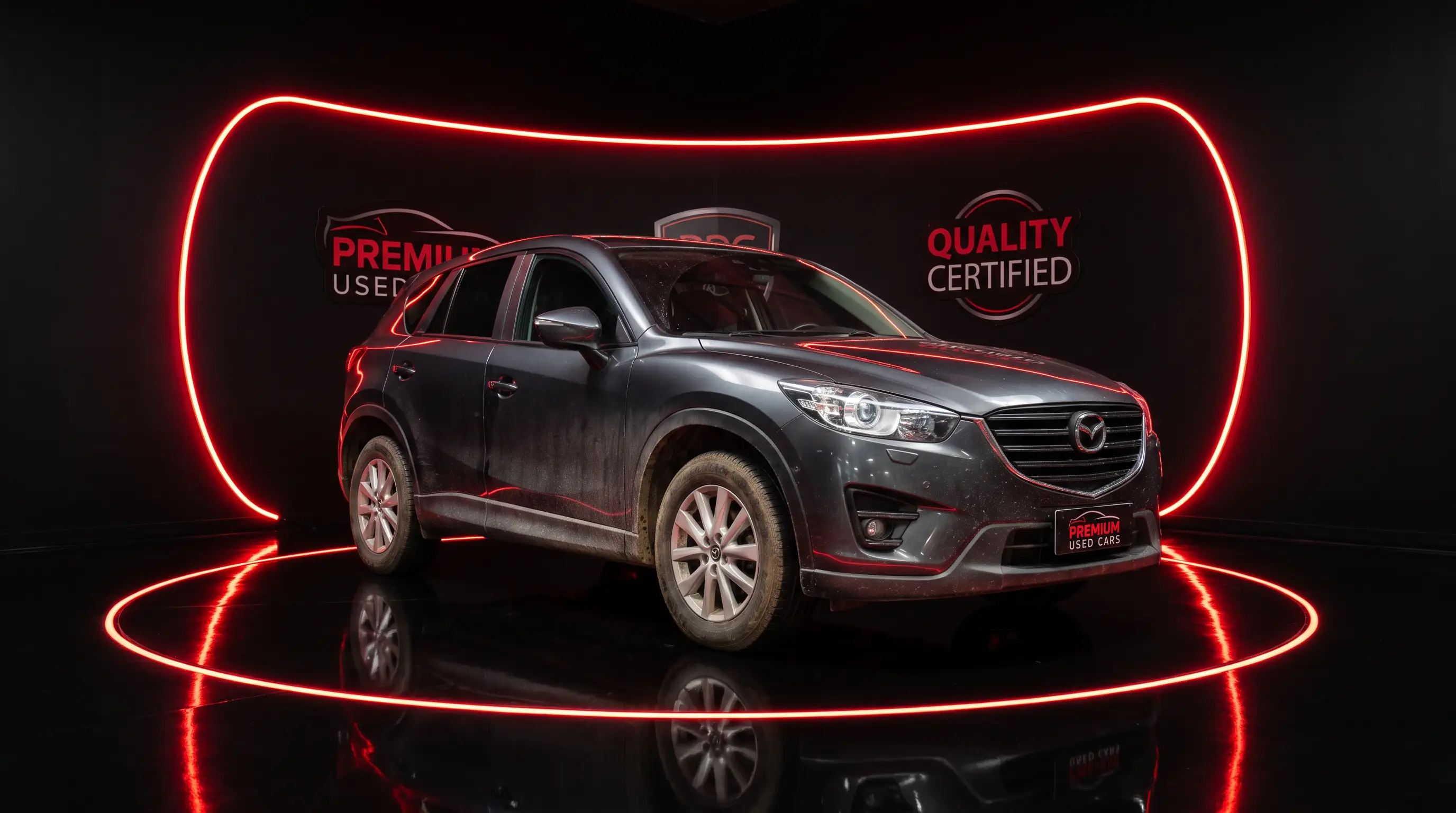 Gray compact SUV under red studio lighting