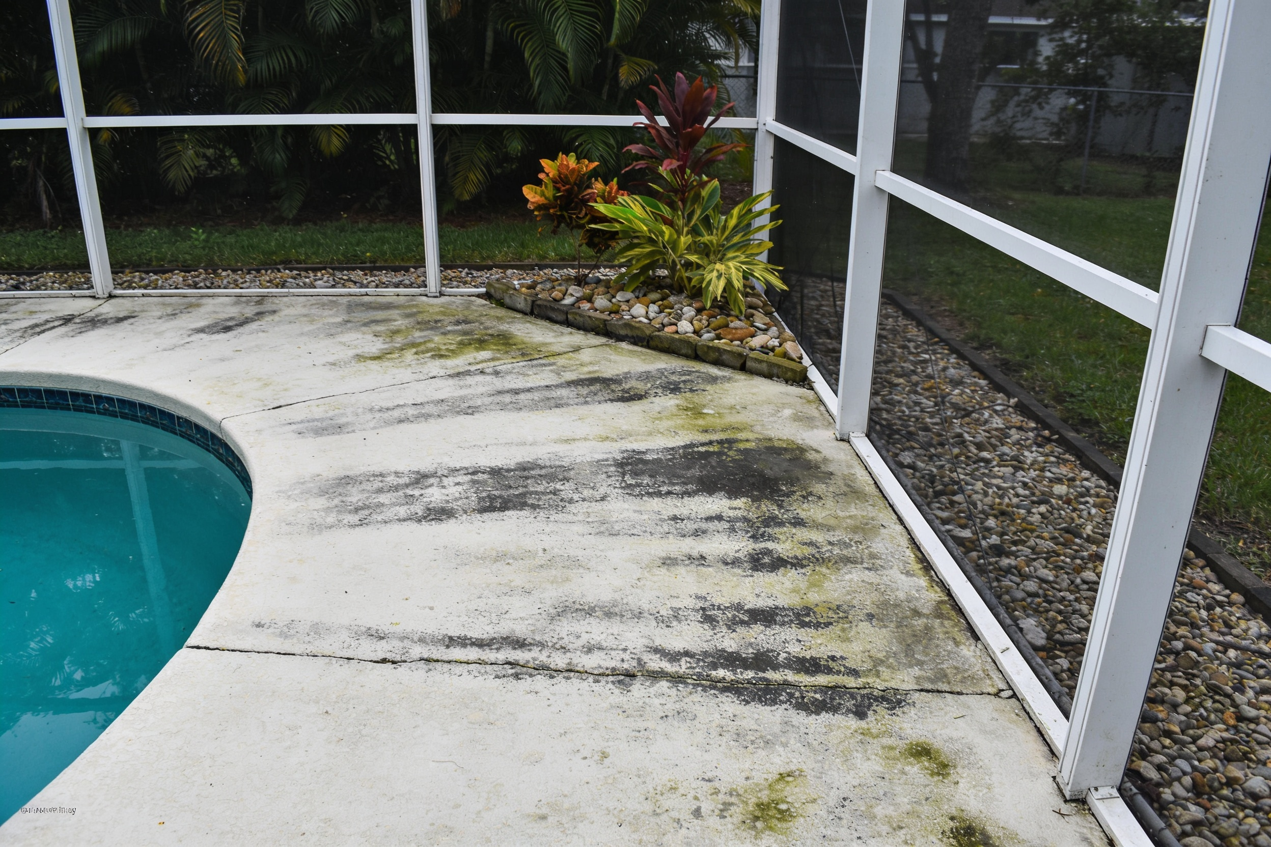 Pool deck concrete stained with mildew and algae before pressure washing
