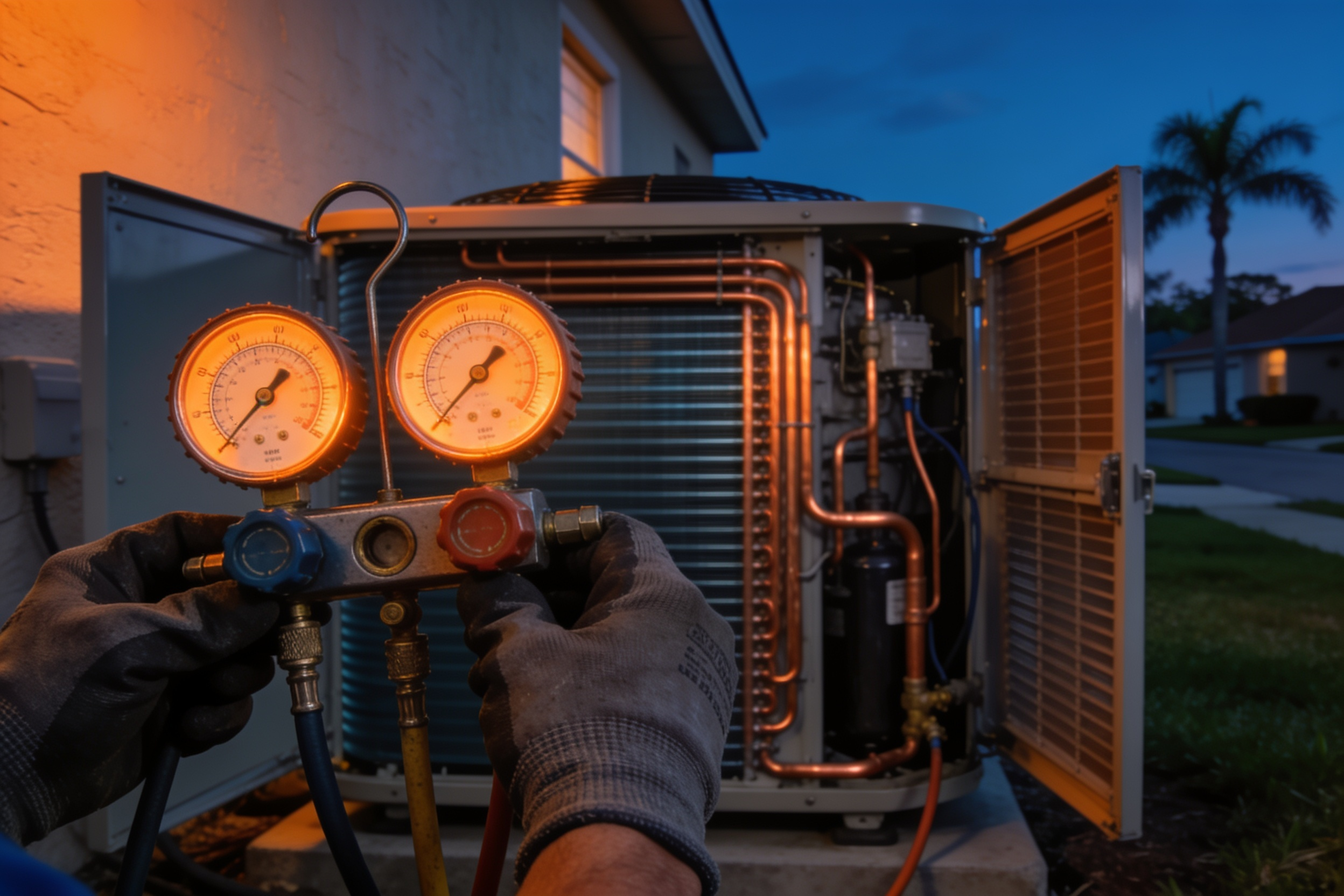 Gauge manifold in front of an open outdoor AC condenser unit