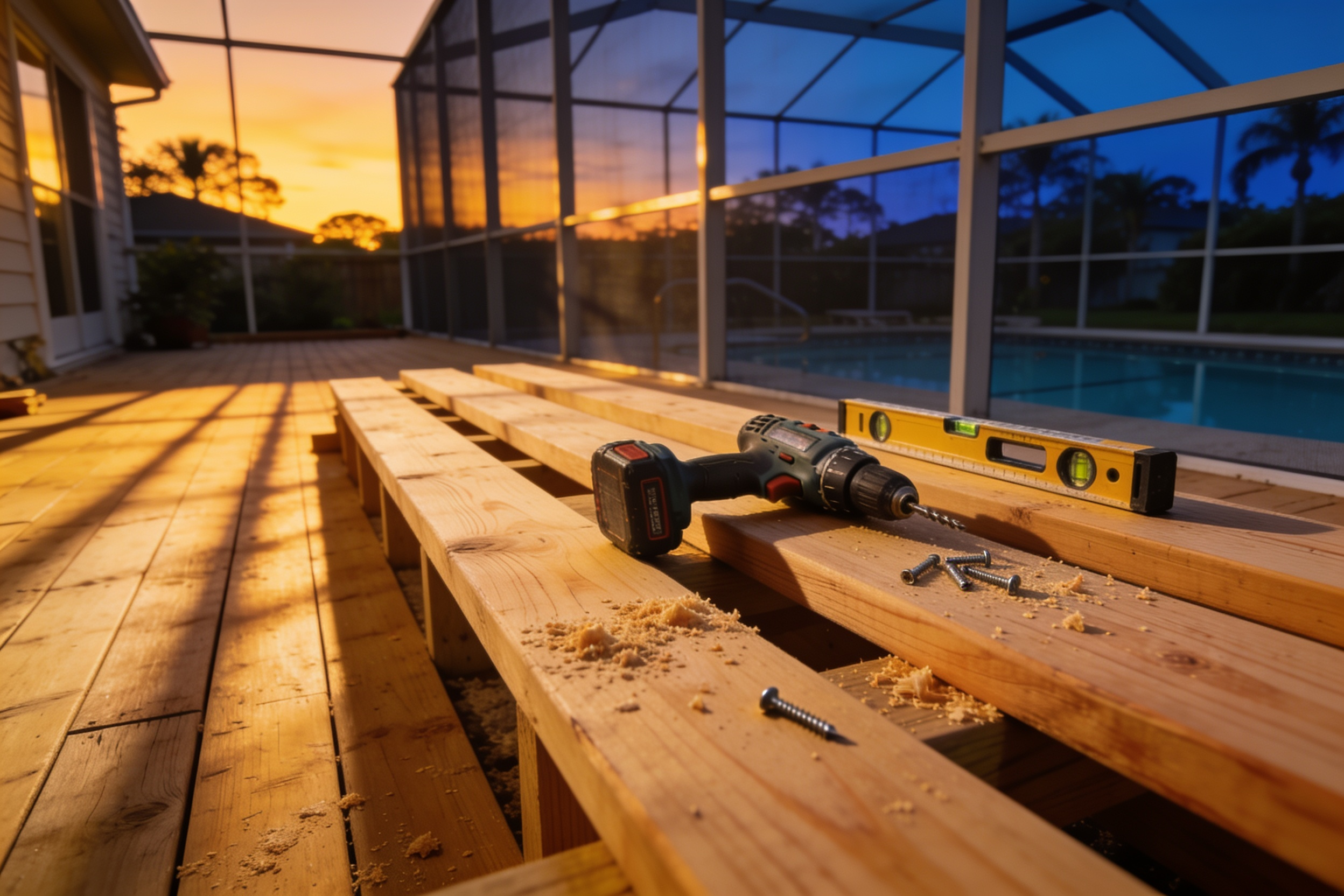 Newly built backyard deck at golden hour