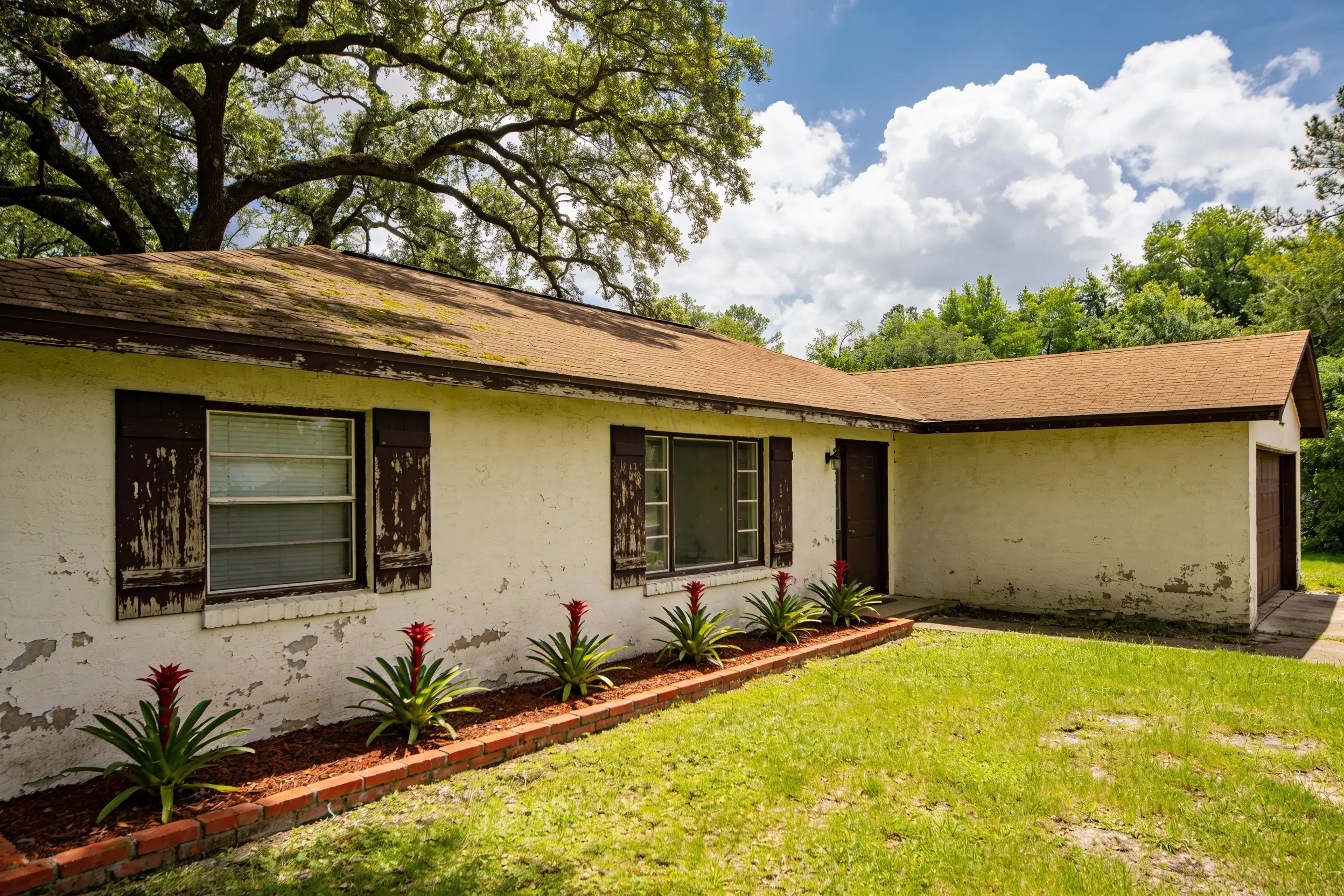 Tired stucco ranch house before repainting