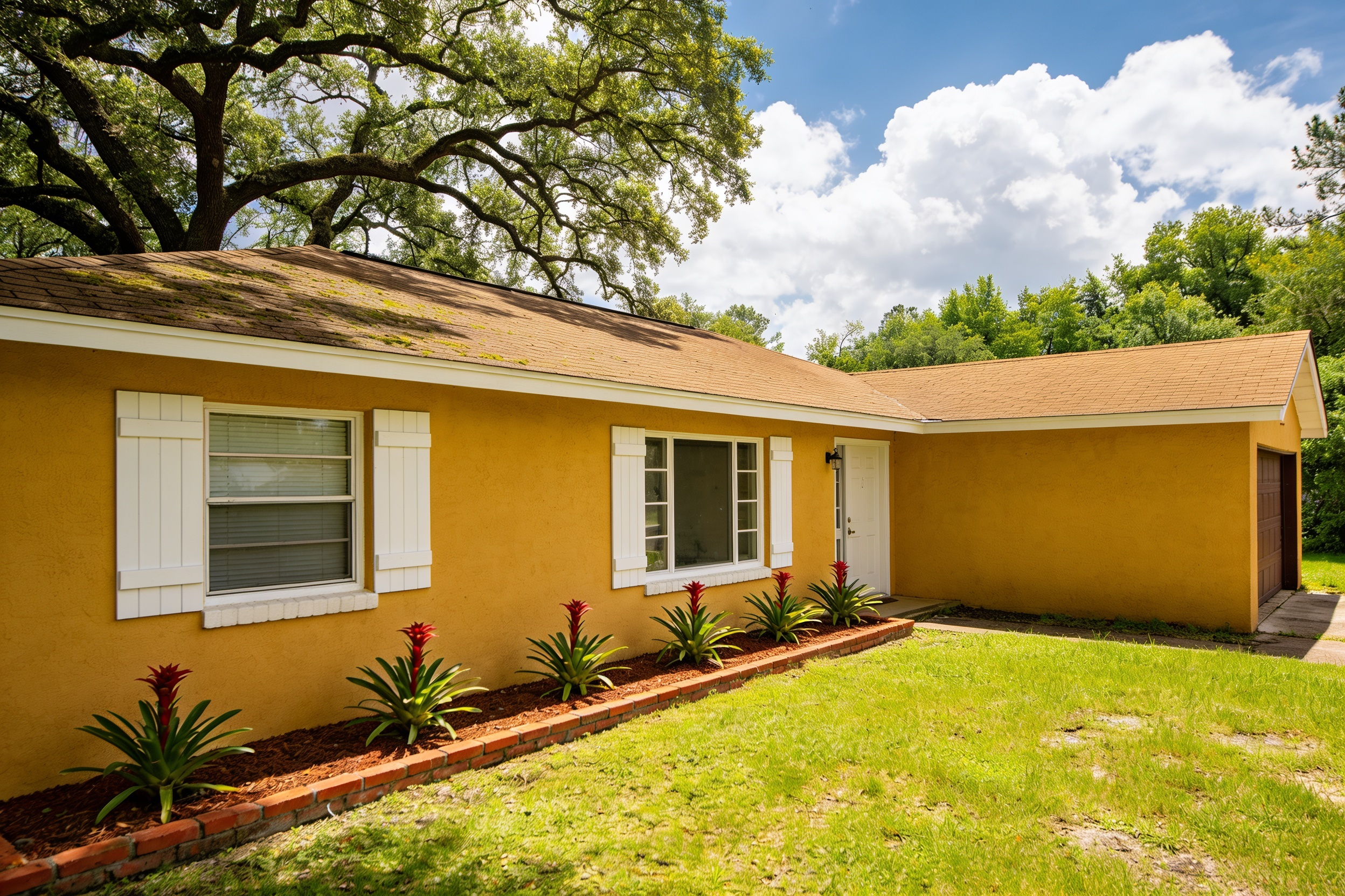 The same house after repainting in warm yellow with white trim