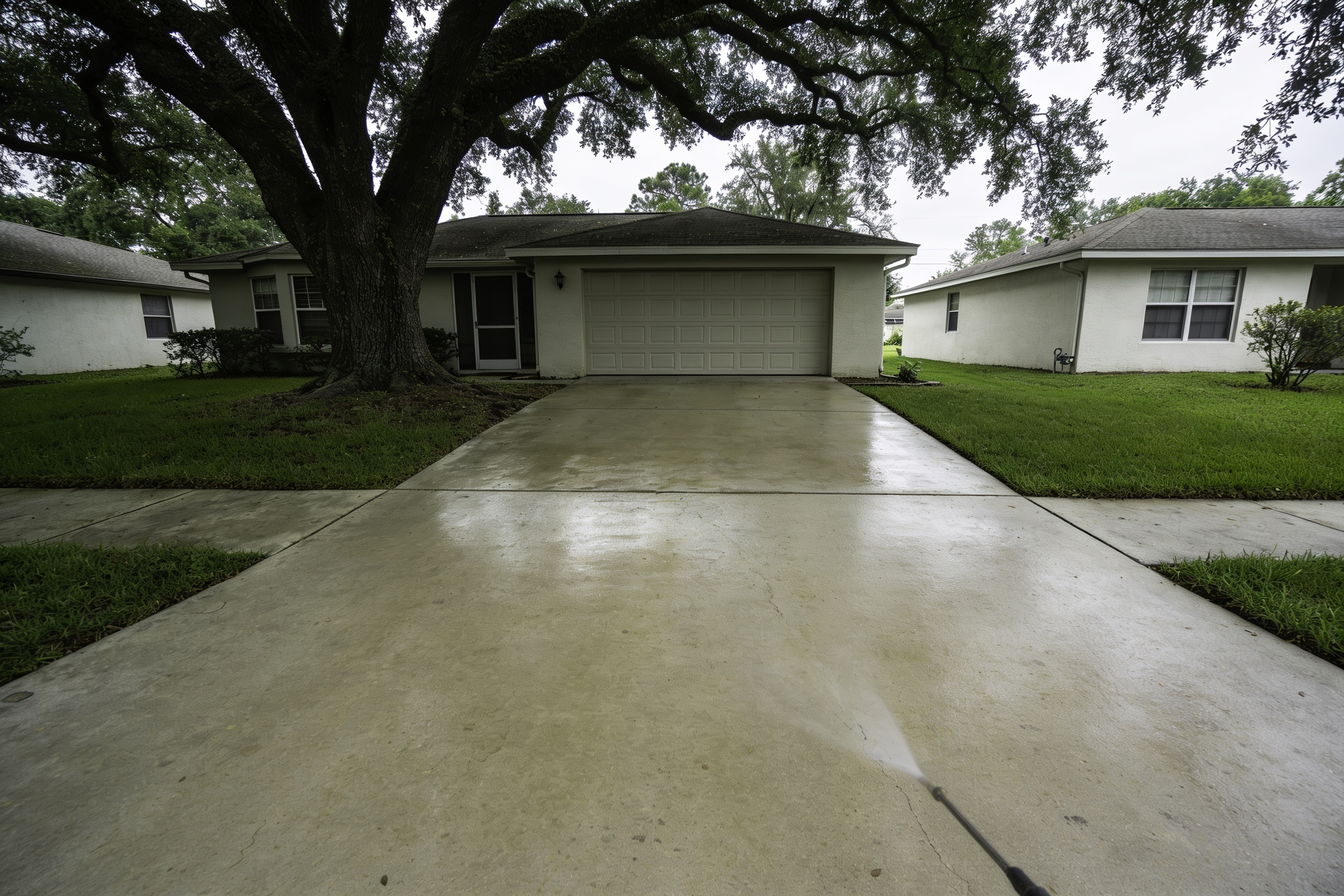 Freshly pressure-washed concrete driveway