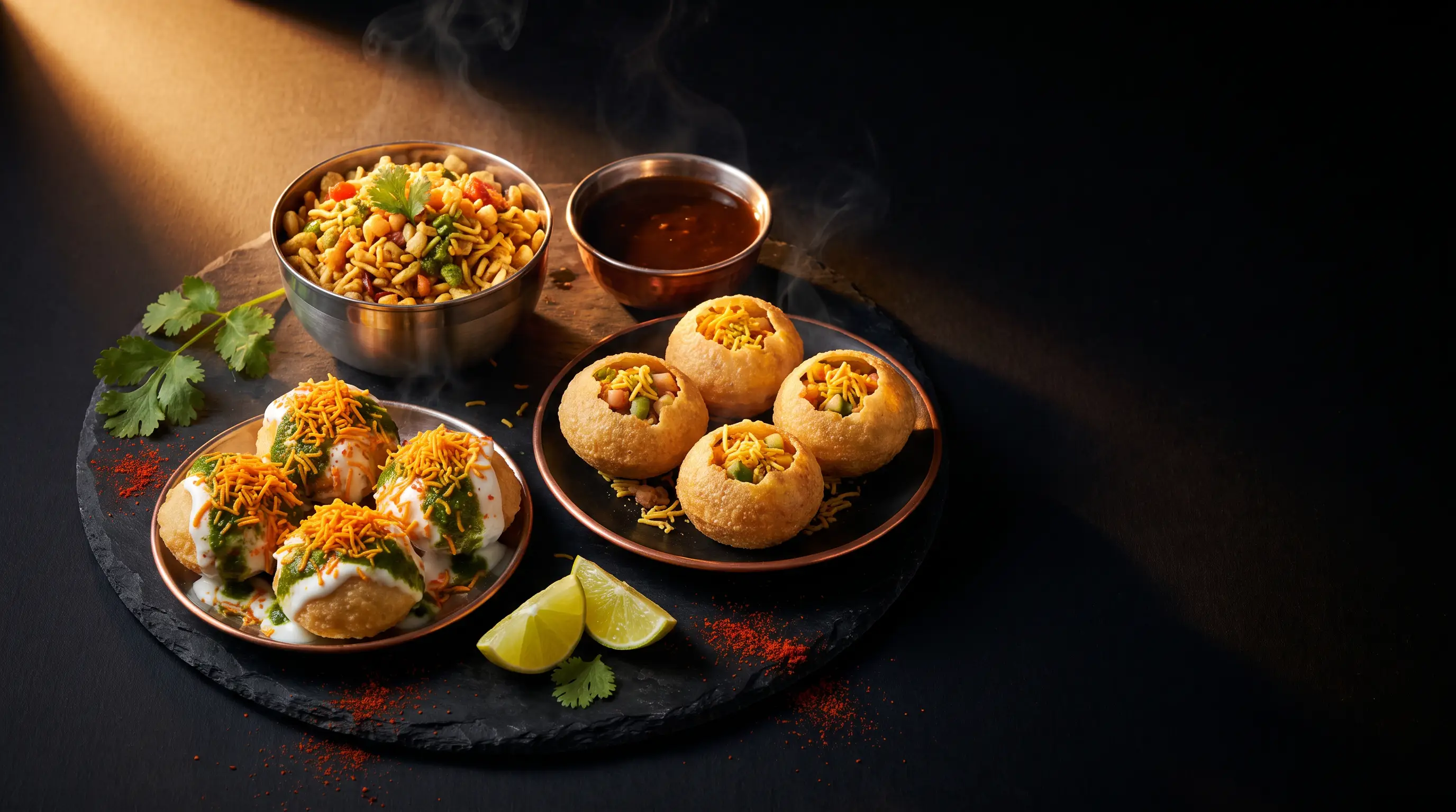 Indian street food spread on dark slate