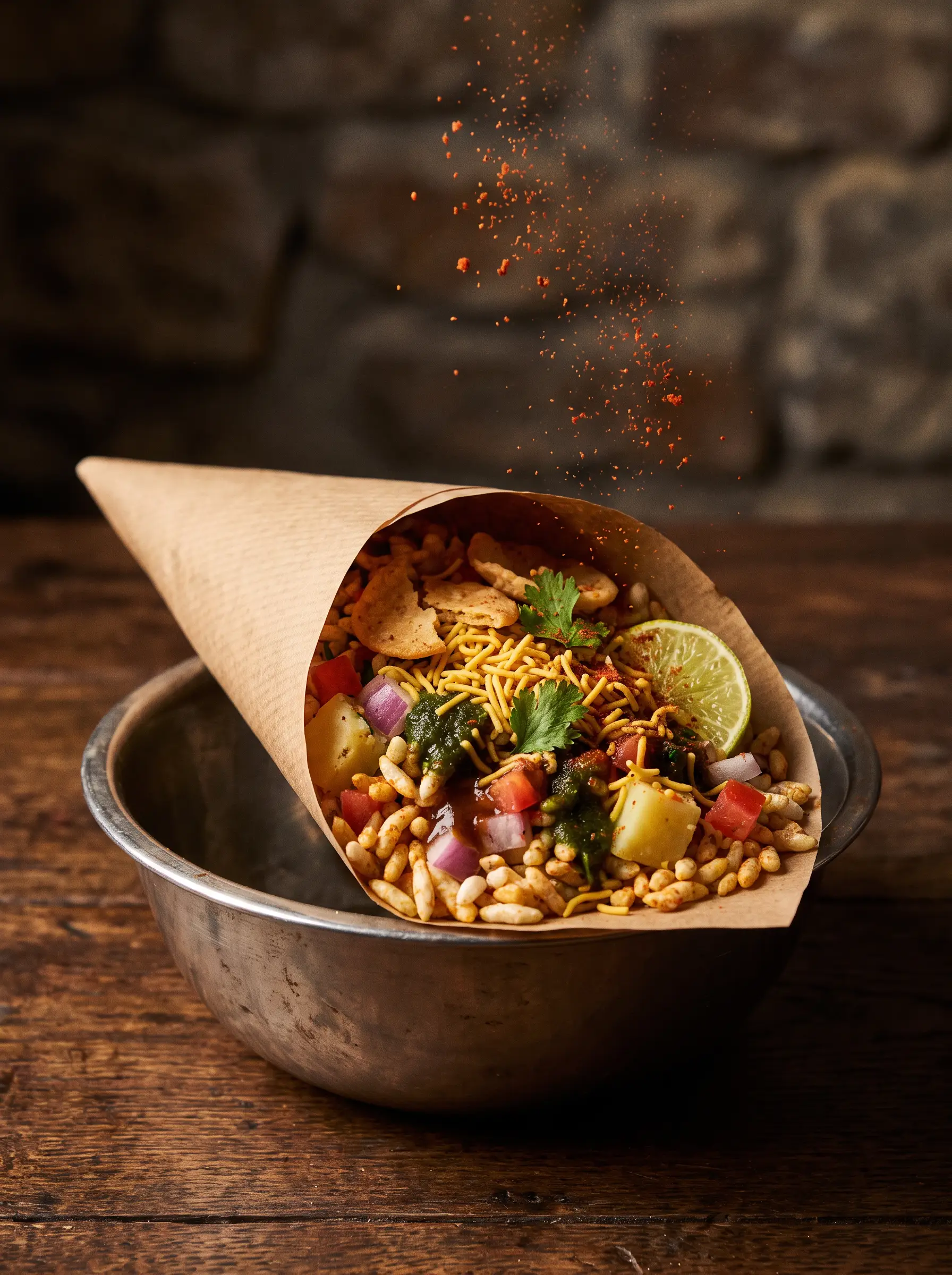 Bhel puri in a steel bowl