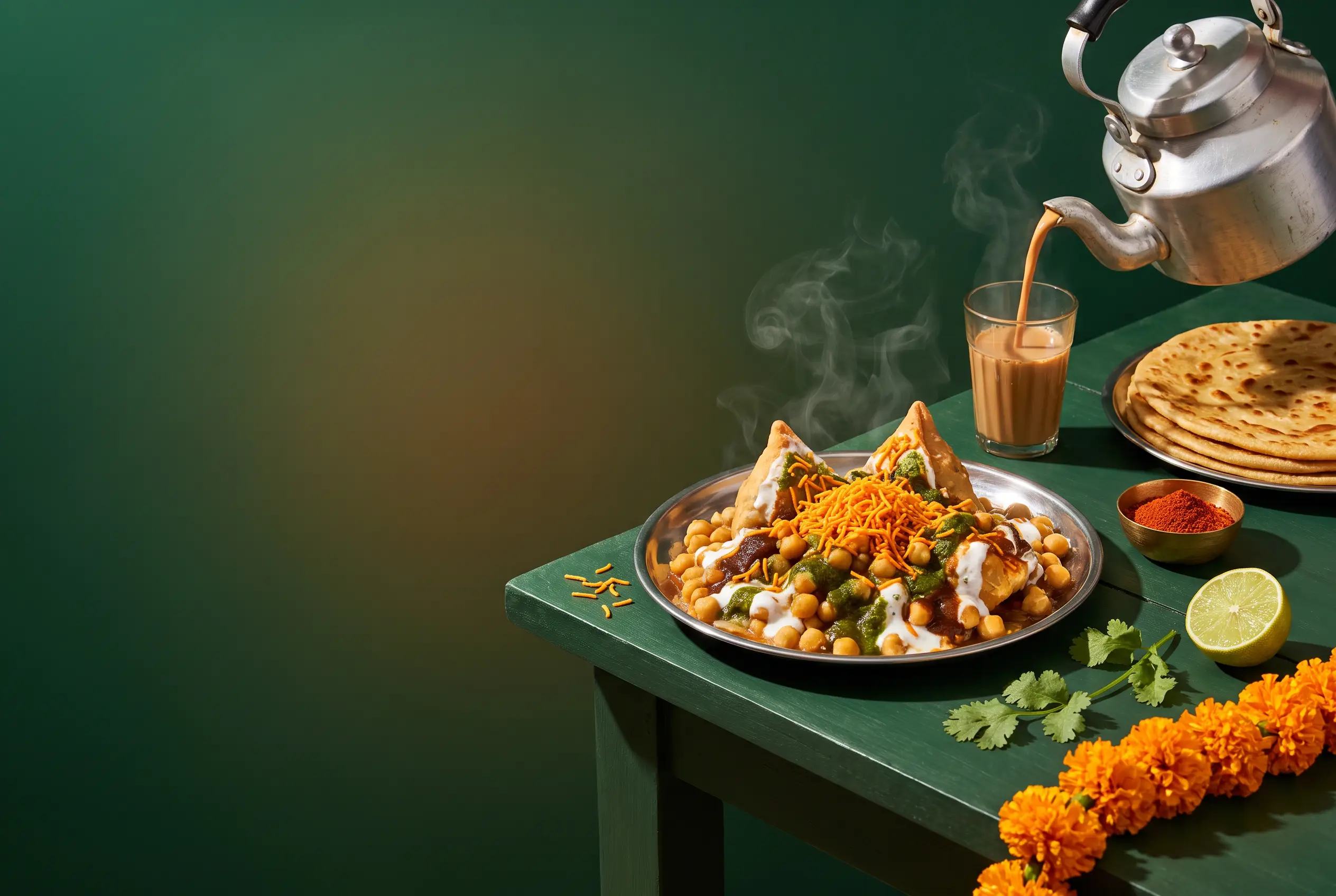 Samosa chaat hero plate on forest green
