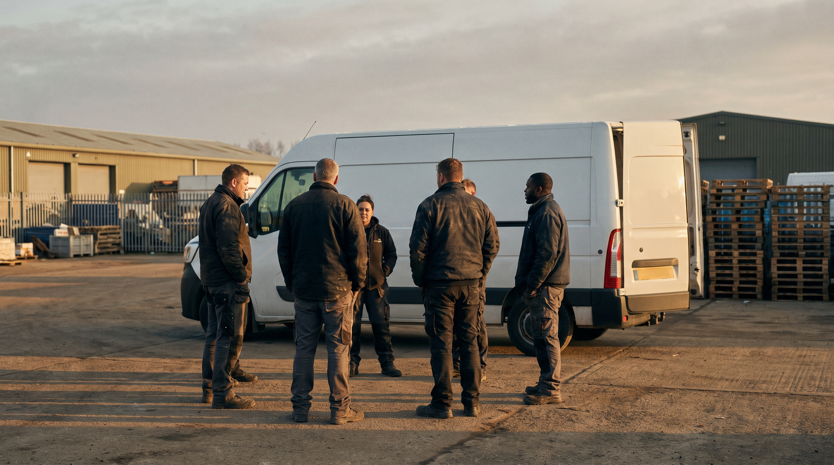 Mehrere Kurierinnen und Kuriere in Arbeitskleidung vor einem weißen Transporter