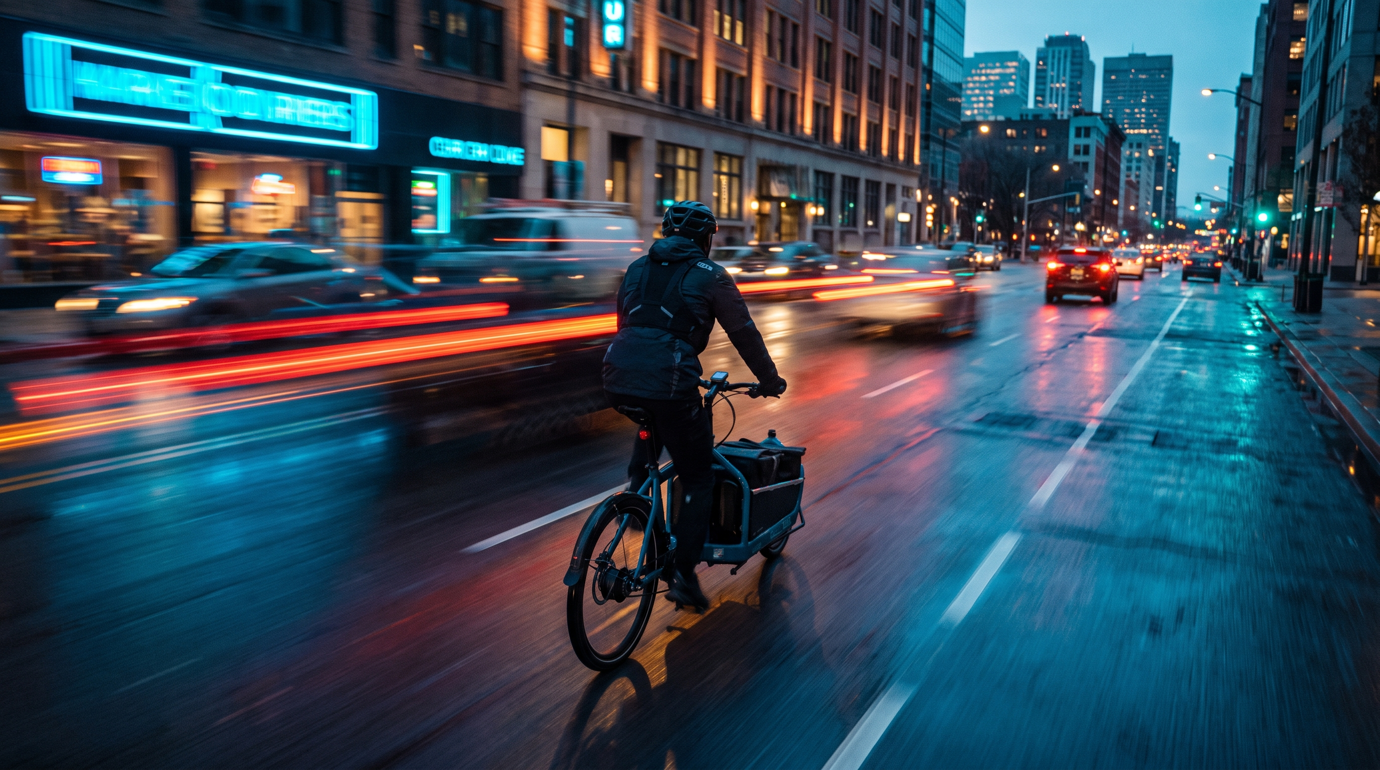 Kurier auf einem E-Lastenrad in der Abenddämmerung auf einer Stadtstraße