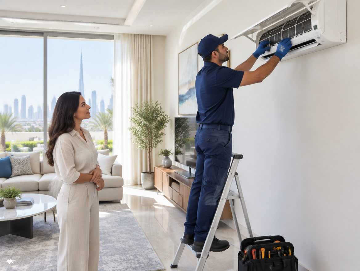 Technician servicing an air conditioning unit in a UAE villa