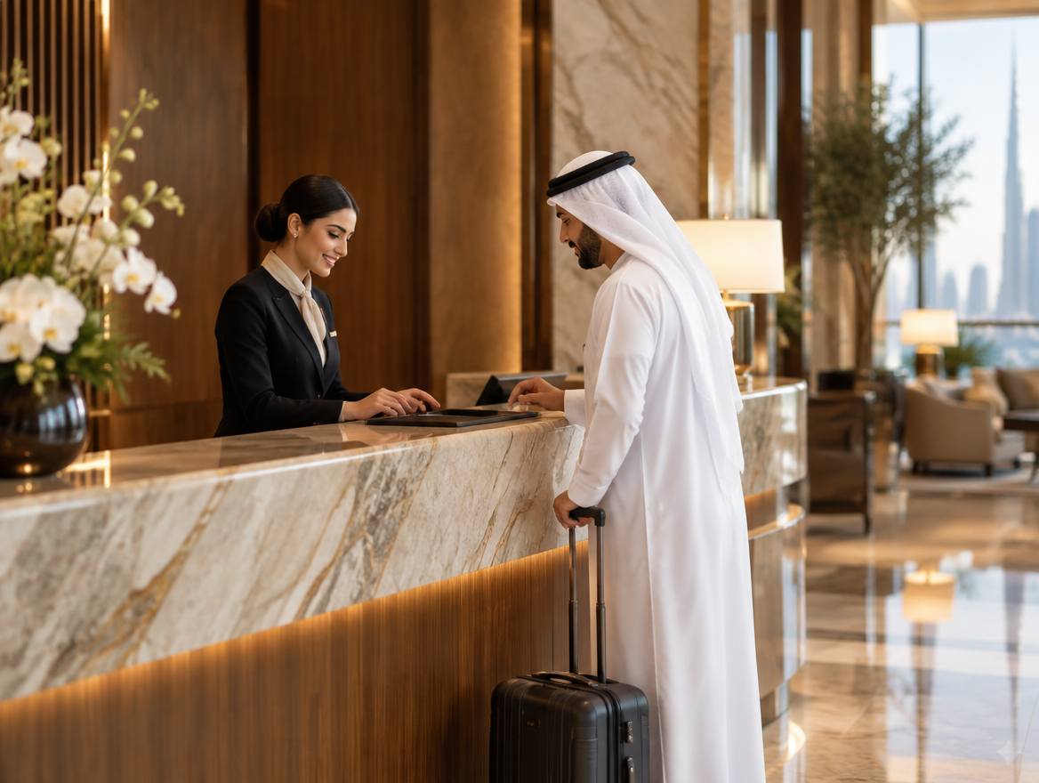 Hotel receptionist welcoming a guest at a premium UAE hotel