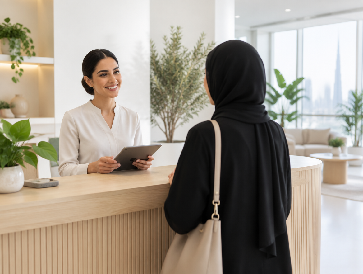 Receptionist greeting a visitor at a calm UAE wellness clinic