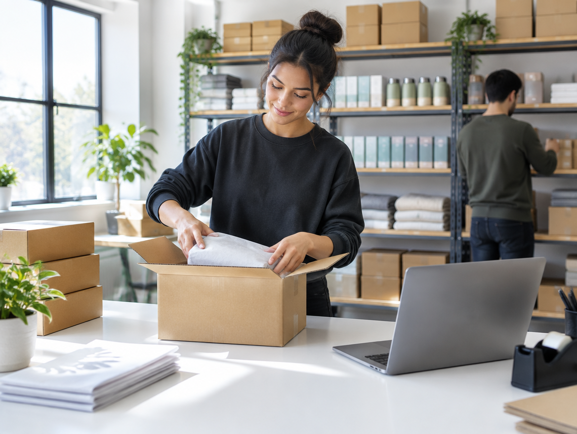 Team member packing an ecommerce order in a bright fulfillment space