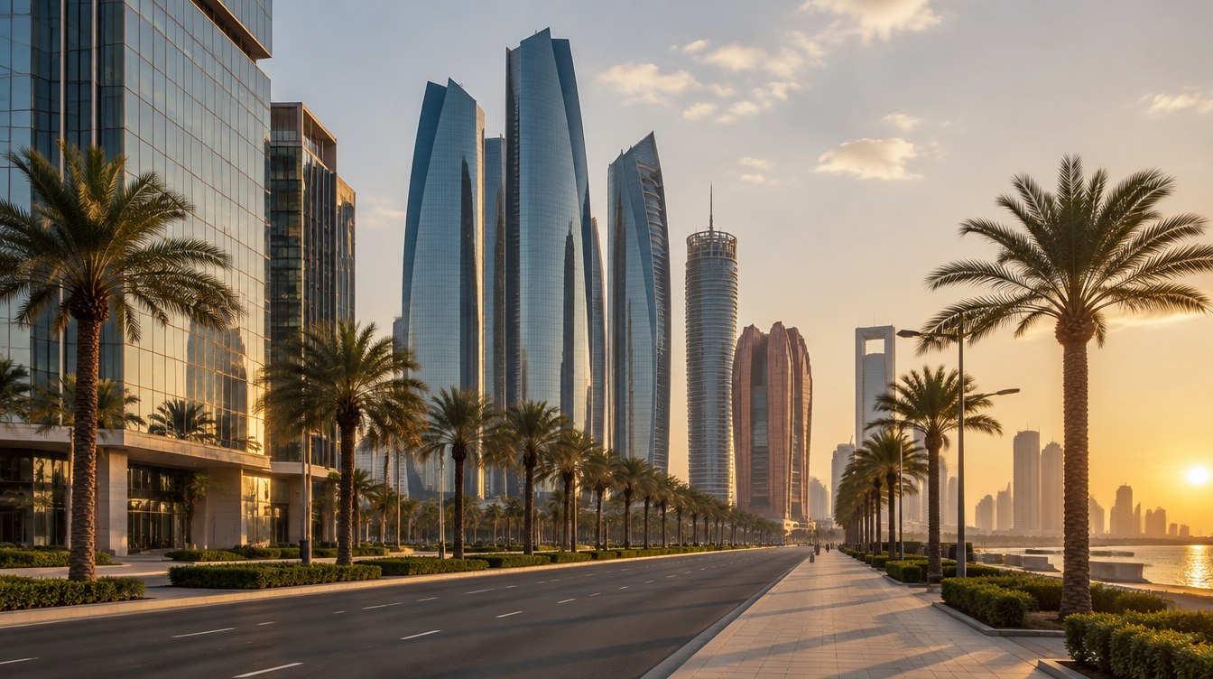 Modern Abu Dhabi business district in late-afternoon light