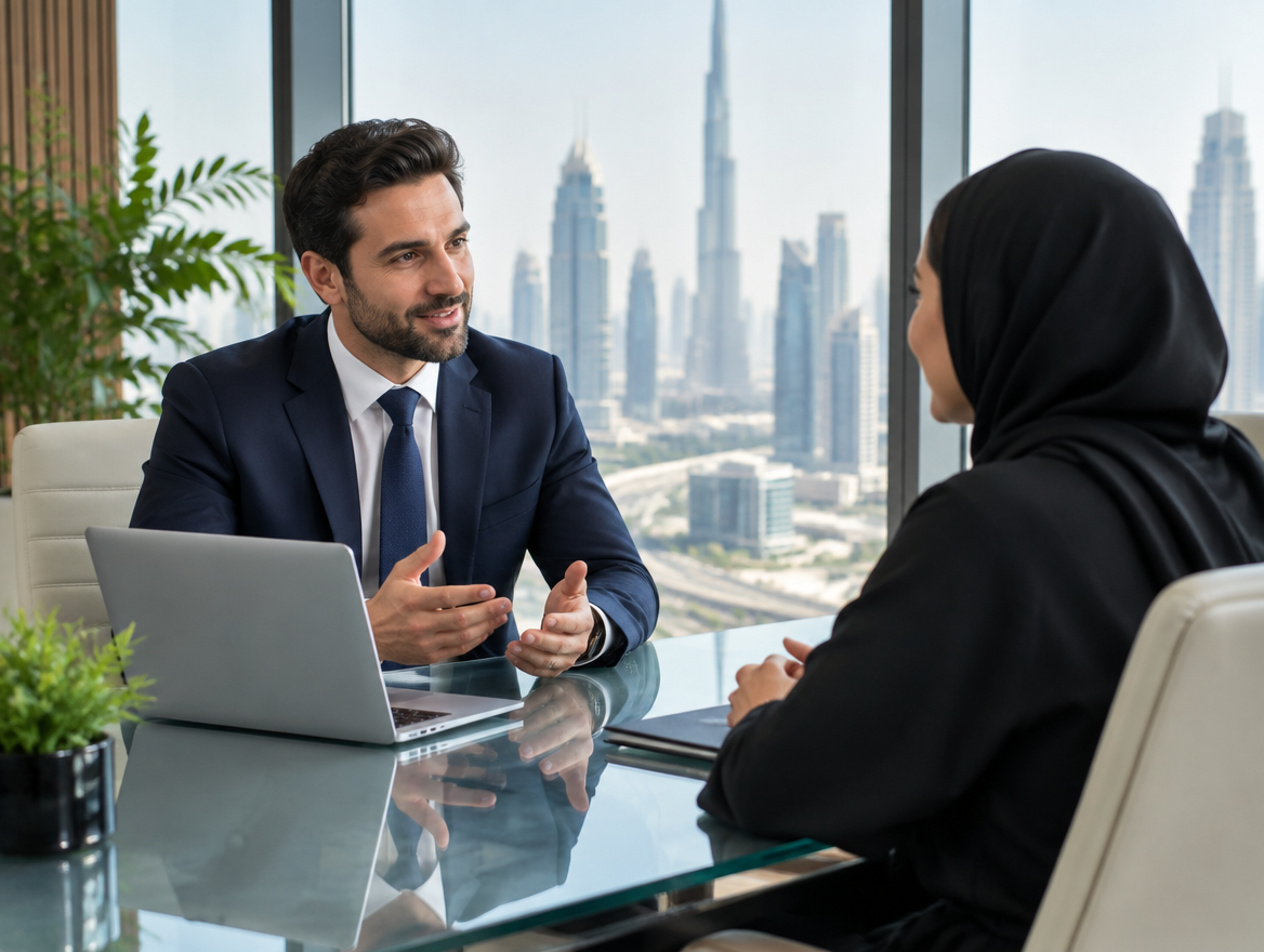 Consultant meeting a client in a Dubai office meeting room
