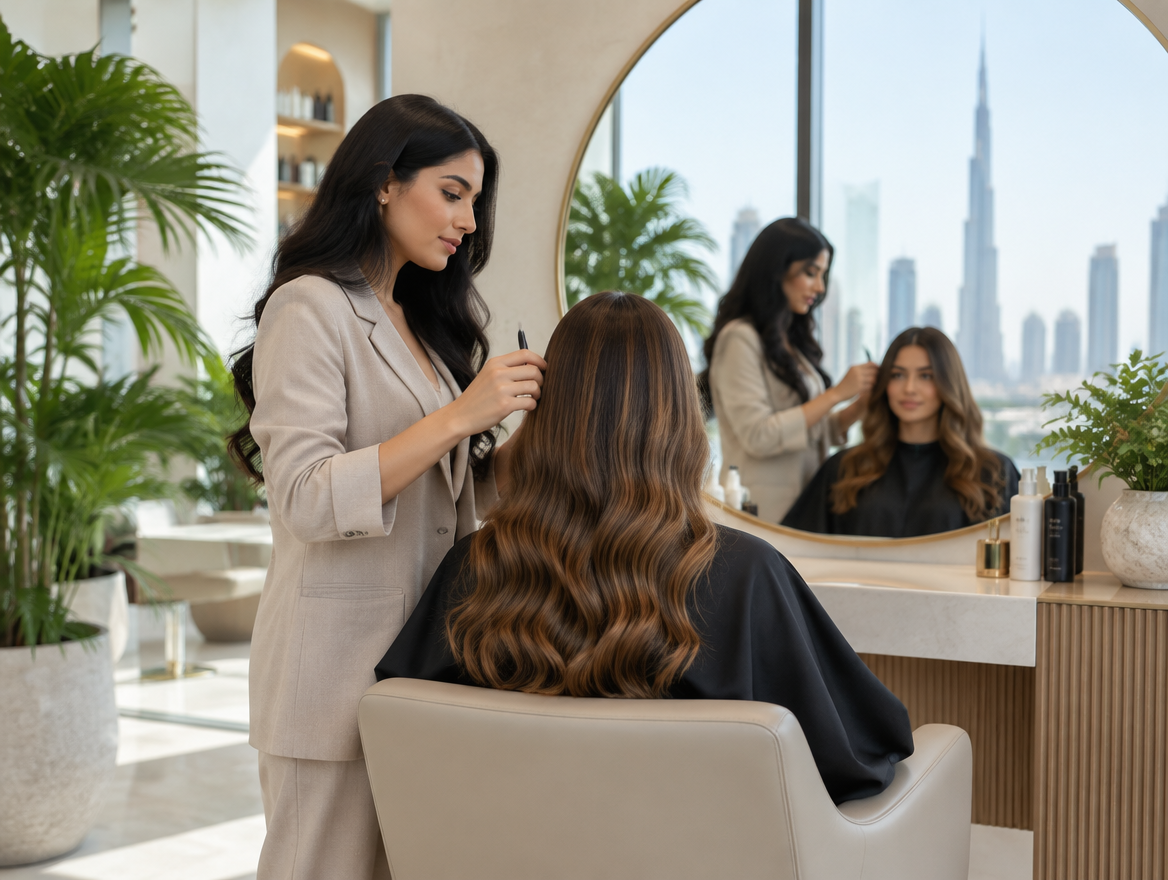 Stylist with a client in a modern Dubai beauty salon