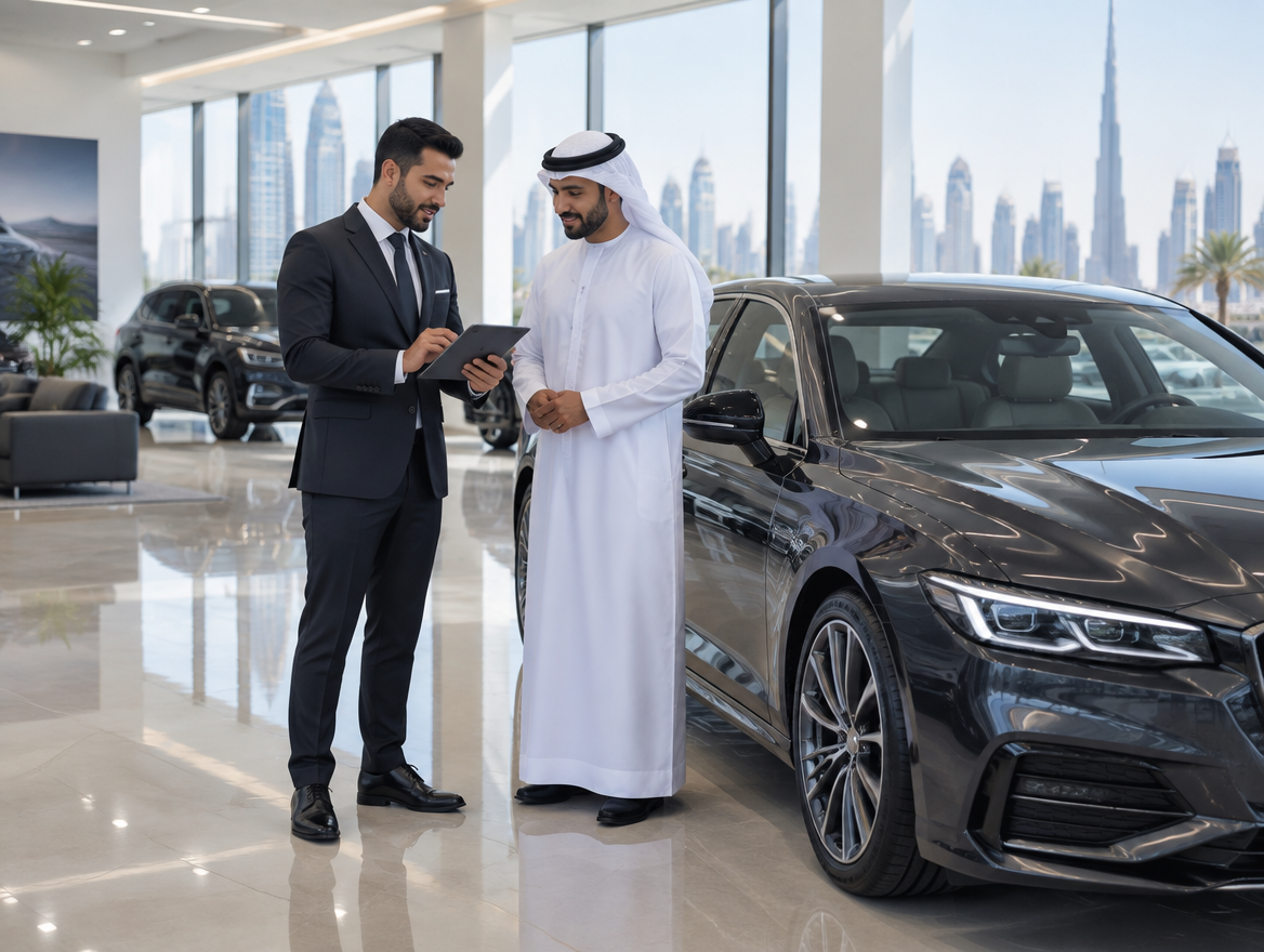 Service advisor with a tablet assisting a customer in a Dubai car showroom