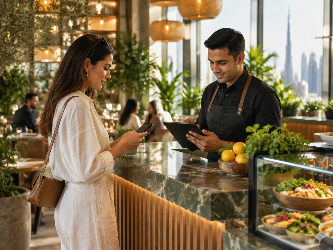Restaurant team member taking an order on a tablet in a Dubai restaurant