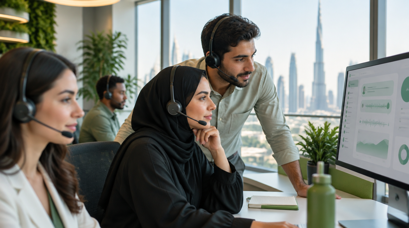Customer experience team with headsets reviewing conversations in a Dubai office