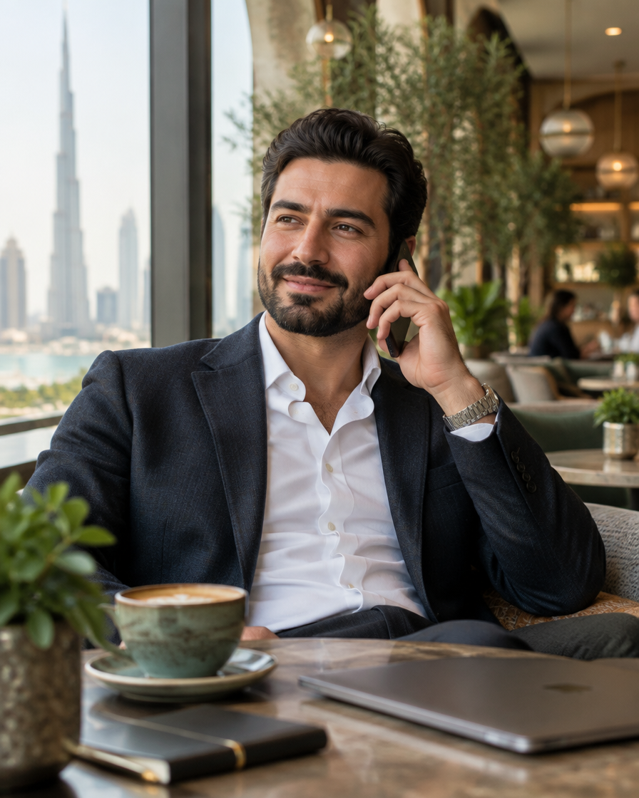 Business owner on a phone call in a Dubai café