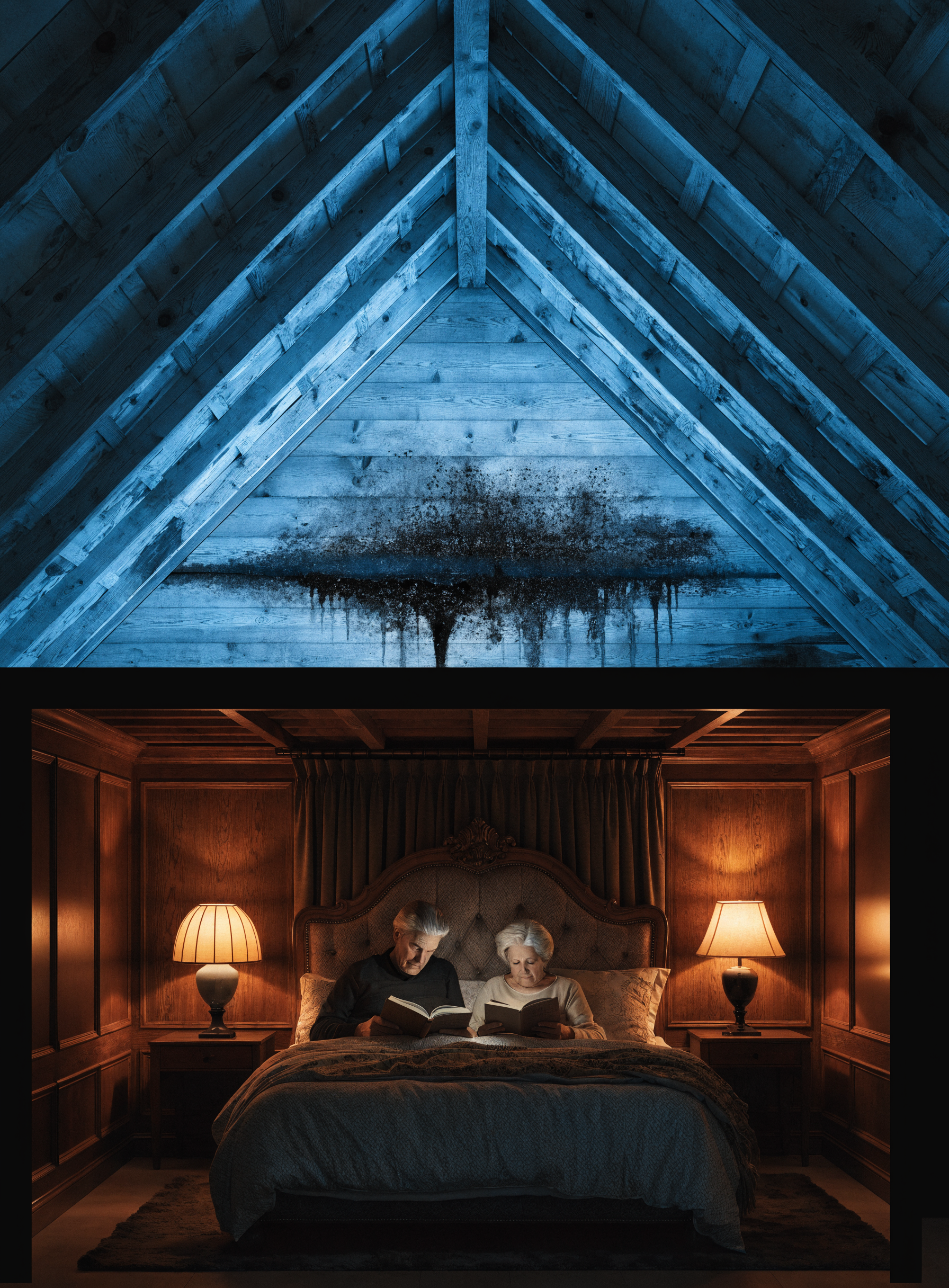 Cross-section of a home at night: a couple reading in a warm bedroom while a damp stain spreads in the dark attic directly above their ceiling